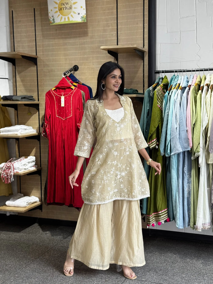 Beige Mul Chanderi A-Line Kurta Set with Dupatta