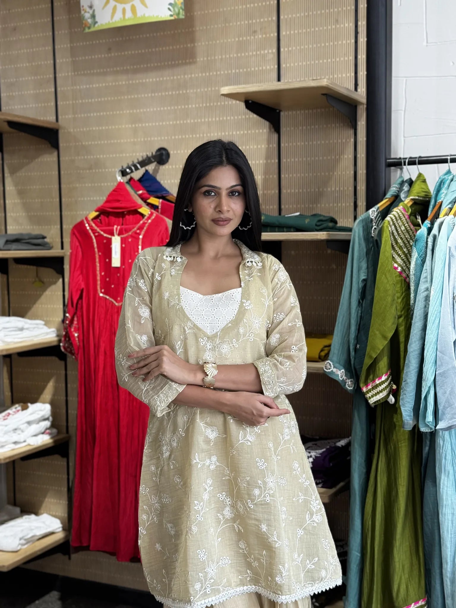Beige Mul Chanderi A-Line Kurta Set with Dupatta