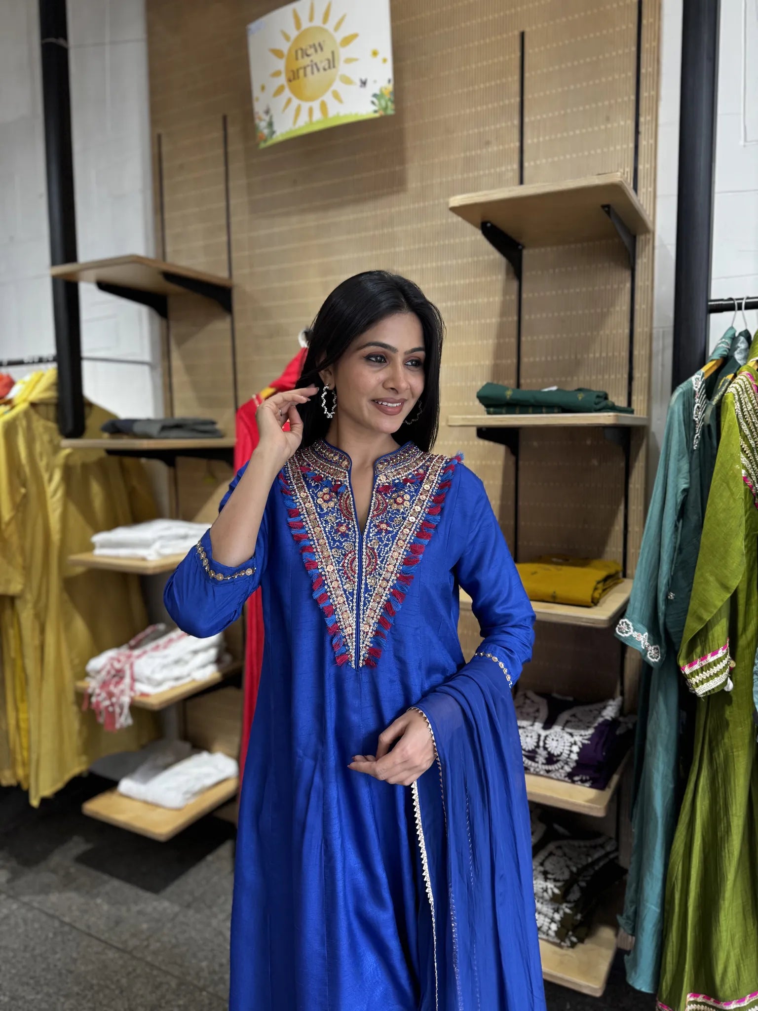 Blue & Green Russian Silk A-Line Kurta Set for Women