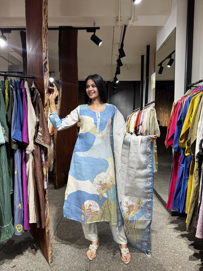 Blue Linen Straight Cut Kurta Pant Set with Dupatta