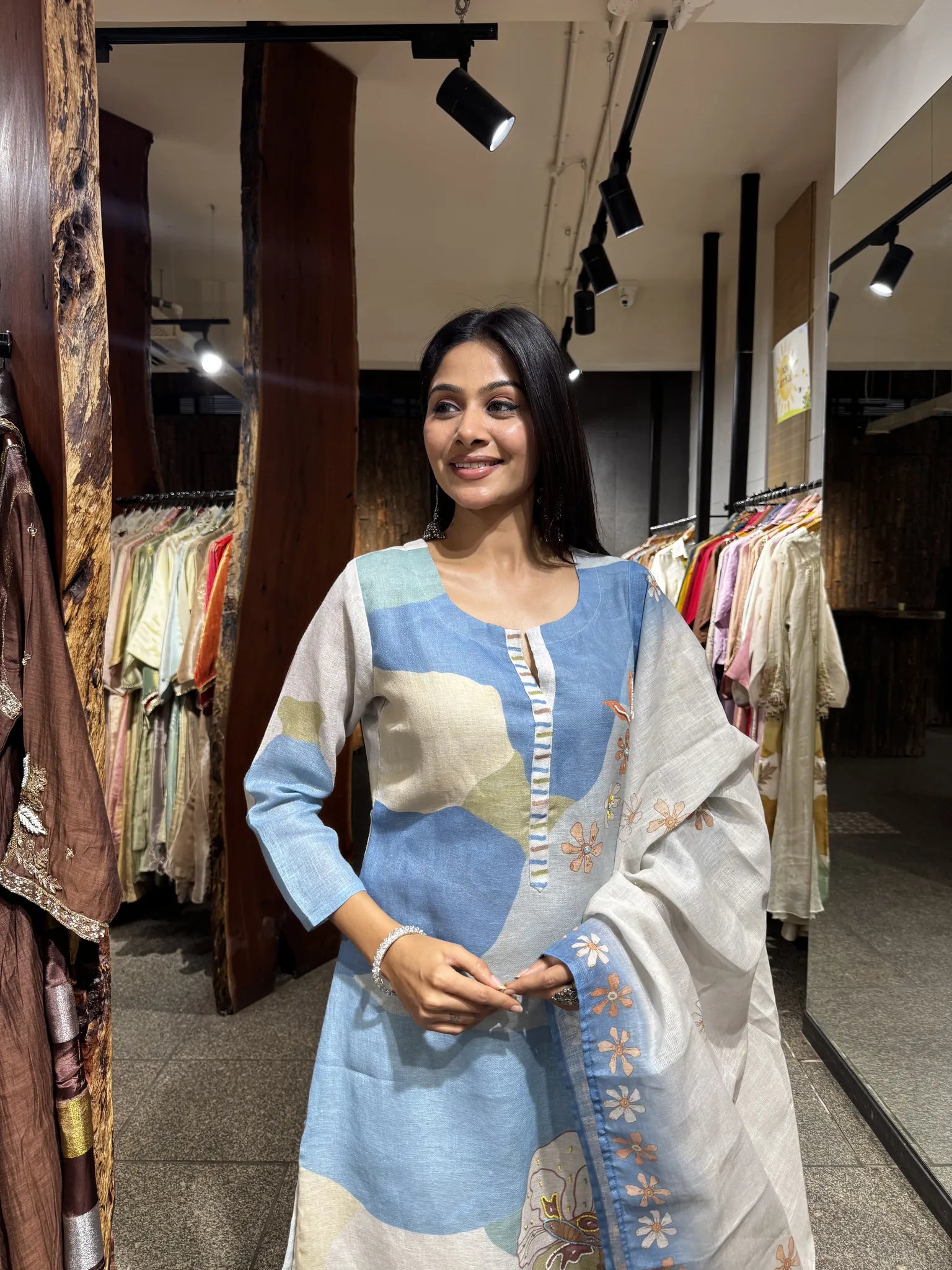 Blue Linen Straight Cut Kurta Pant Set with Dupatta
