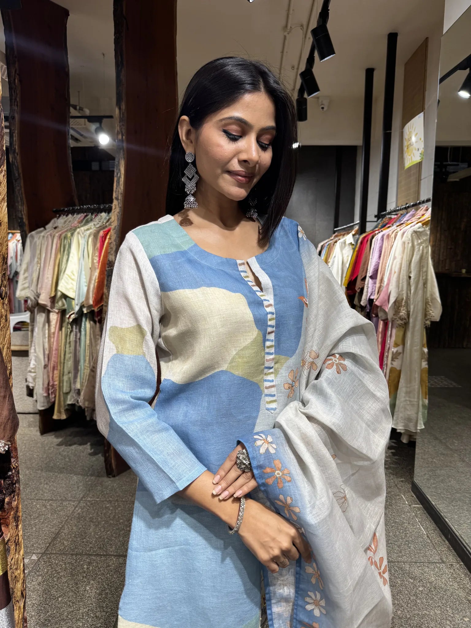 Blue Linen Straight Cut Kurta Pant Set with Dupatta