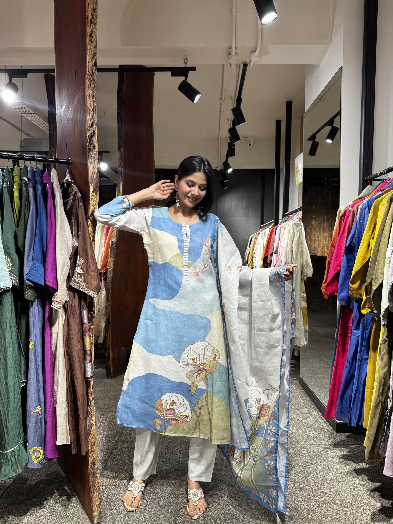 Blue Linen Straight Cut Kurta Pant Set with Dupatta