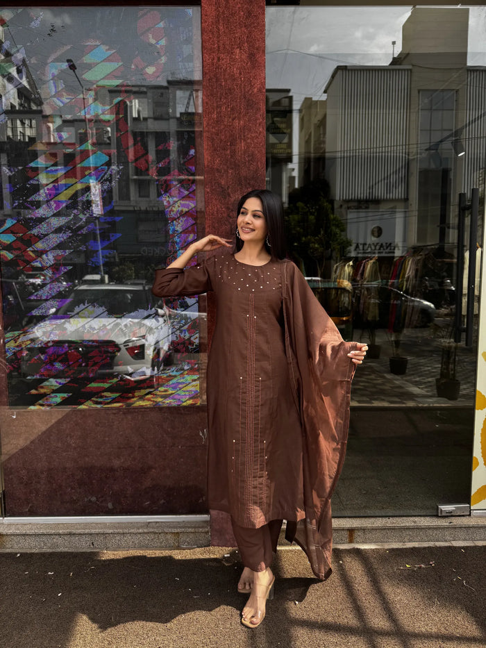 Brown Mul Chanderi A-Line Kurta Set with Dupatta