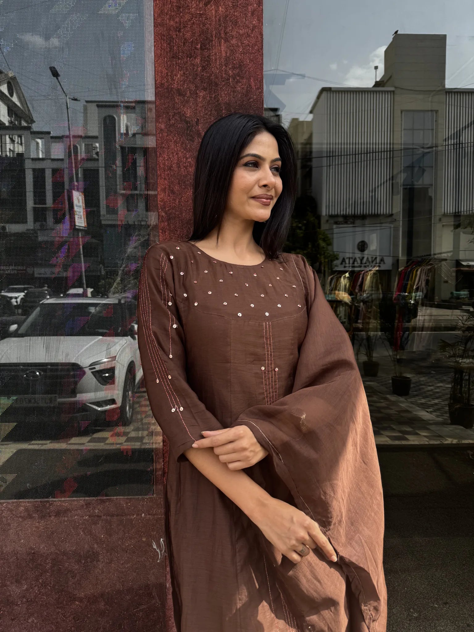 Brown Mul Chanderi A-Line Kurta Set with Dupatta