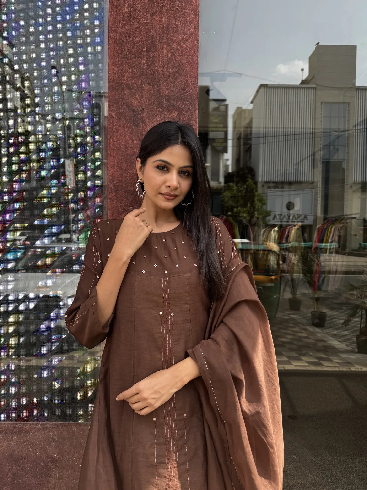 Brown Mul Chanderi A-Line Kurta Set with Dupatta