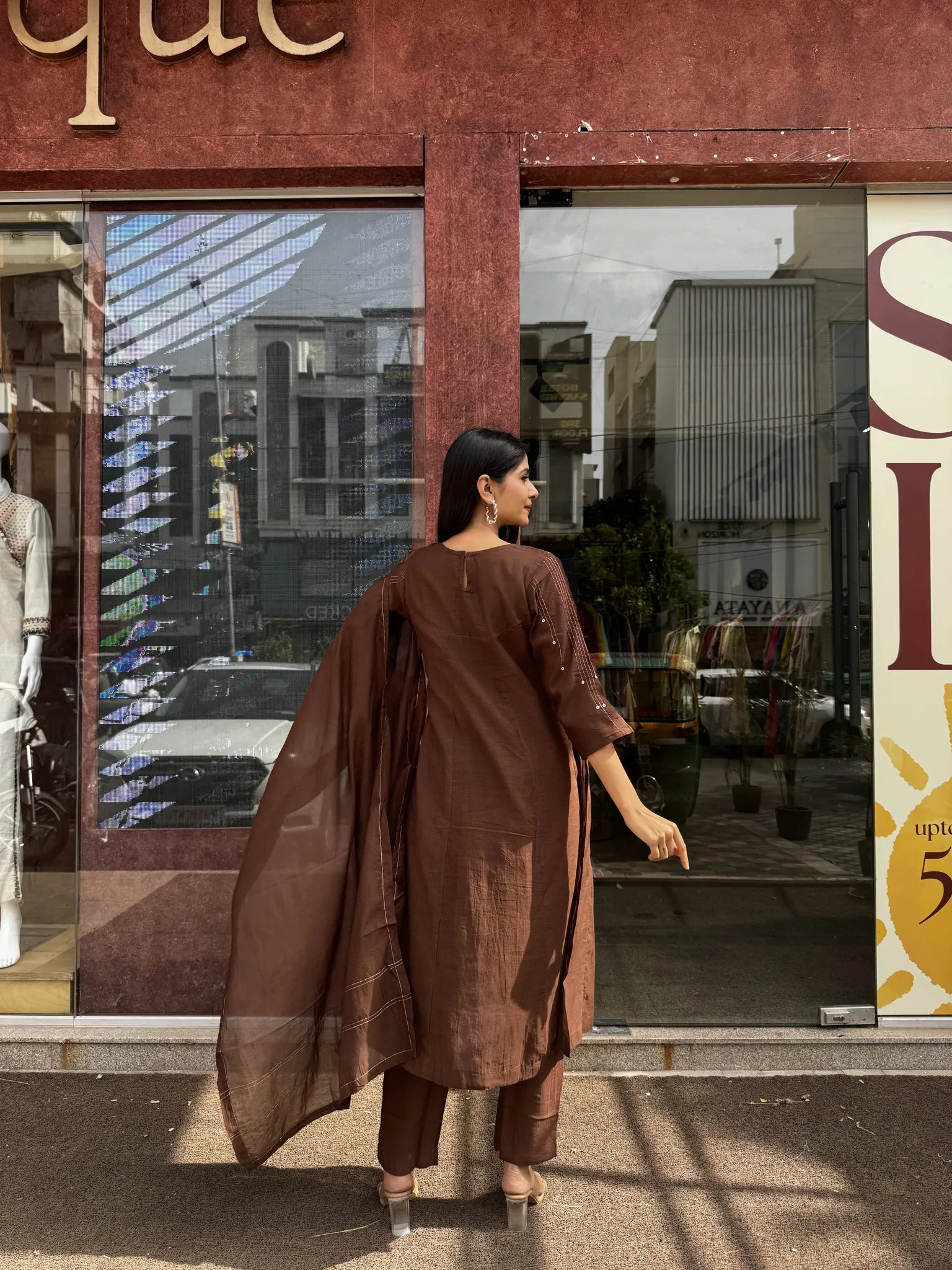 Brown Mul Chanderi A-Line Kurta Set with Dupatta