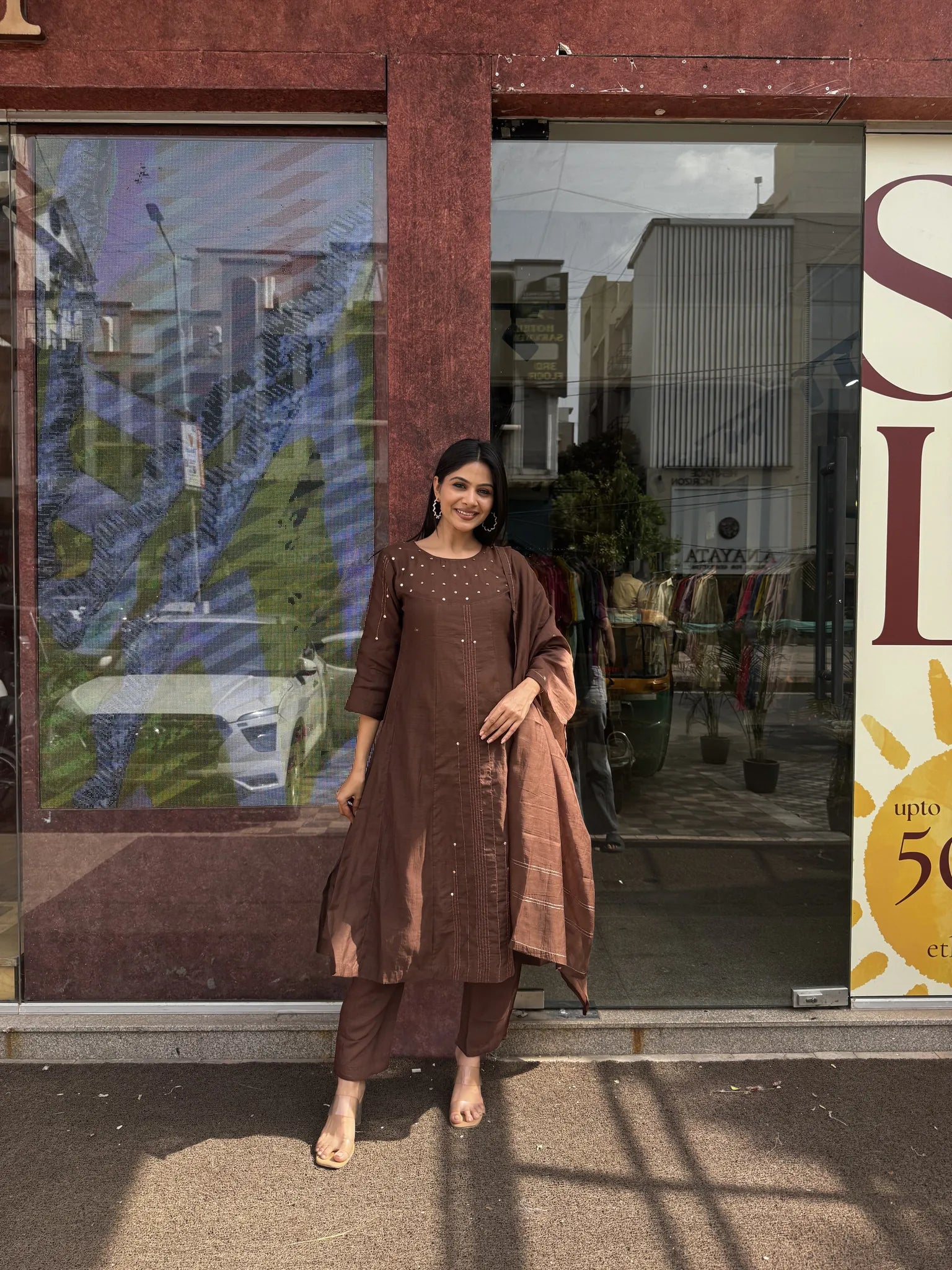 Brown Mul Chanderi A-Line Kurta Set with Dupatta