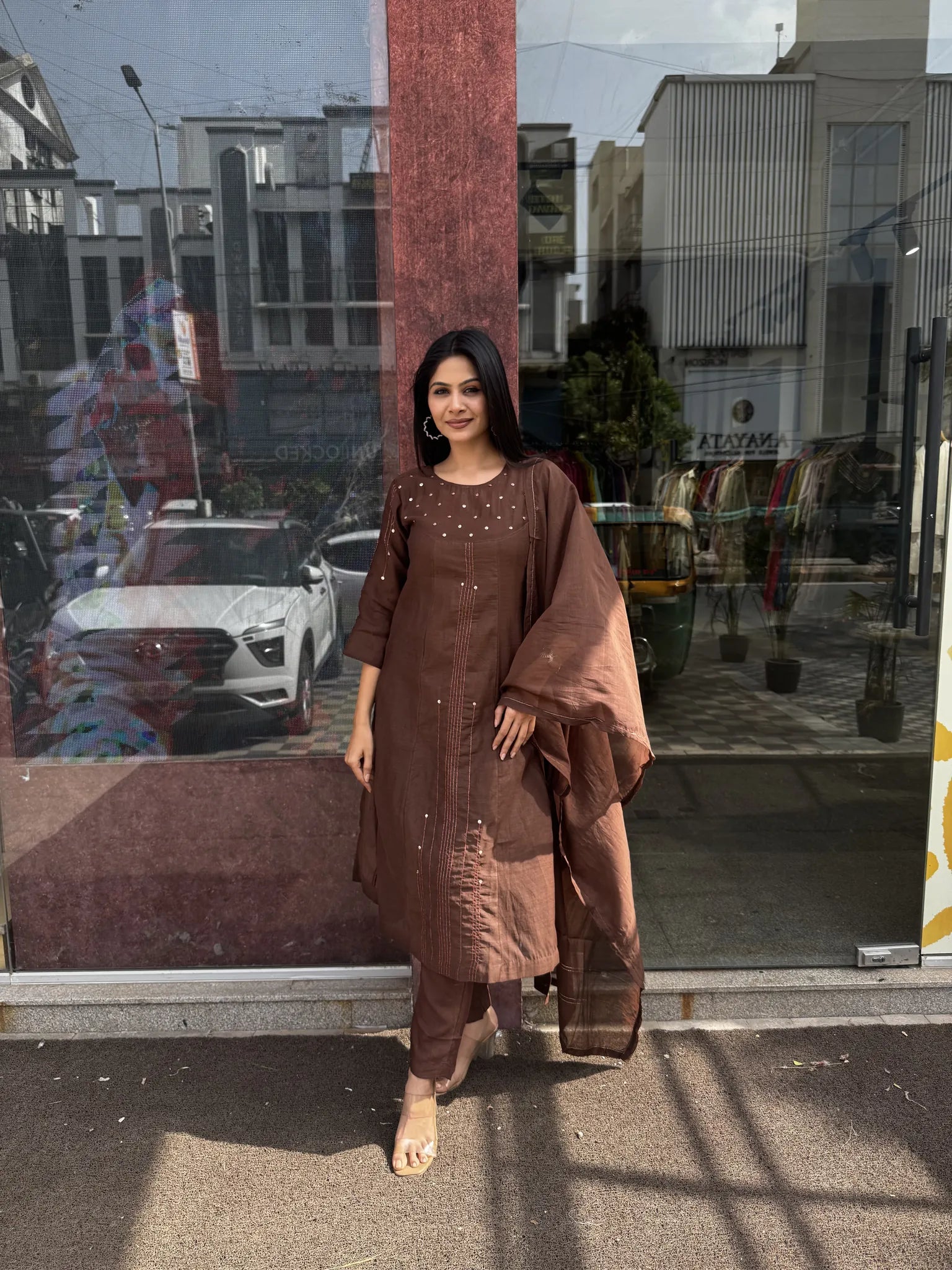 Brown Mul Chanderi A-Line Kurta Set with Dupatta