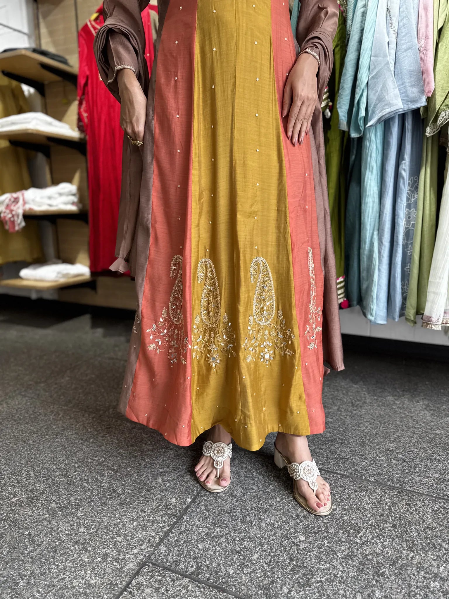 Brown Mul Chanderi A-Line Sharara Suit for Women