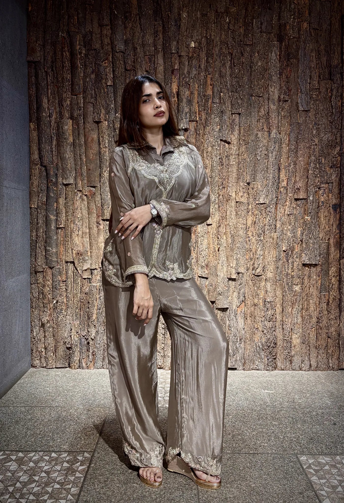 Front view of the beige co-ord set, showing the scalloped lace along the shirt hem and the matching trim at the plazo cuff.