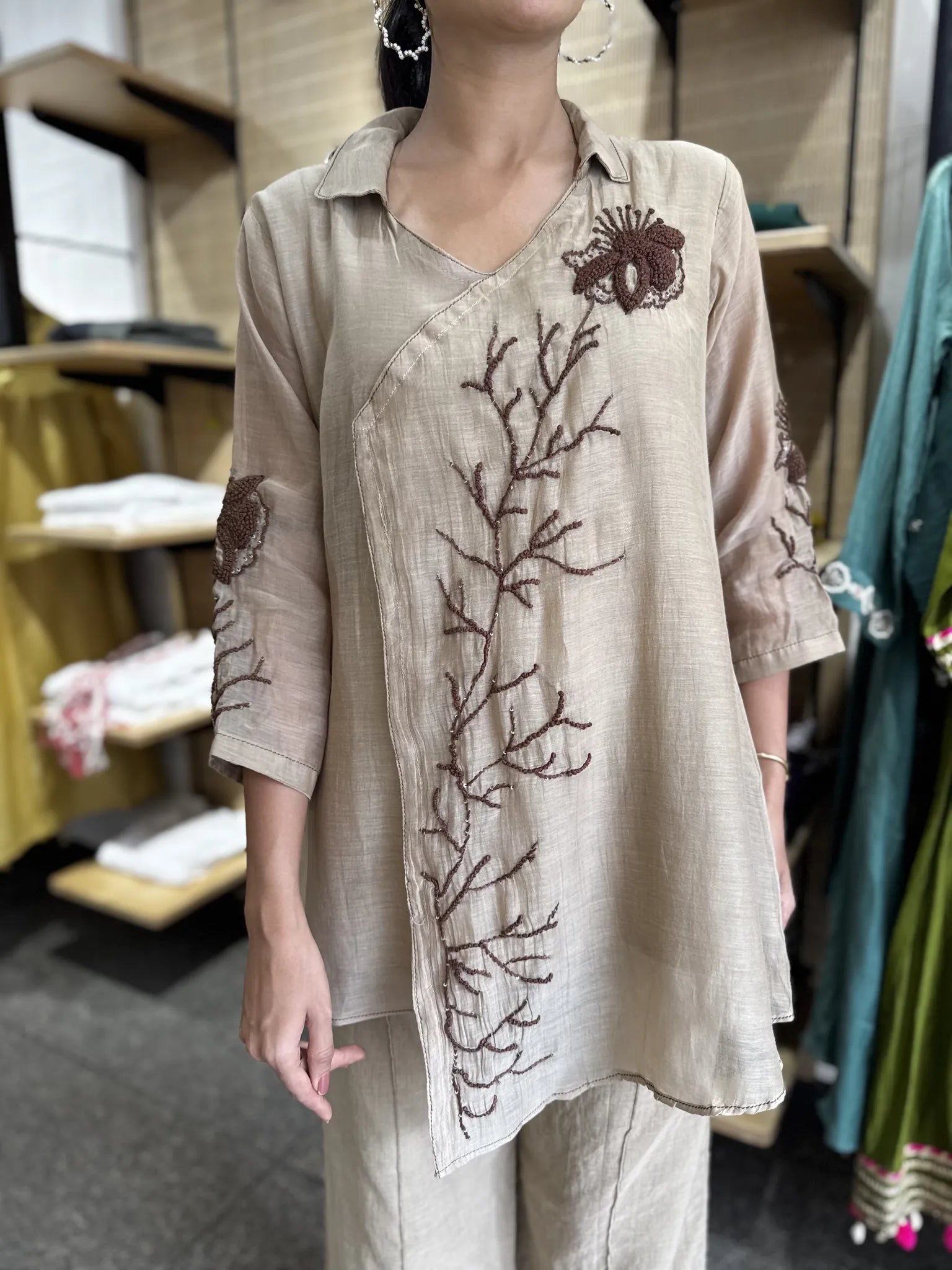 Cream Mul Chanderi Kediya Co-ord Set for Women