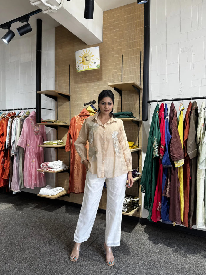 Cream Mul Chanderi Short Kurta Co-ord Set