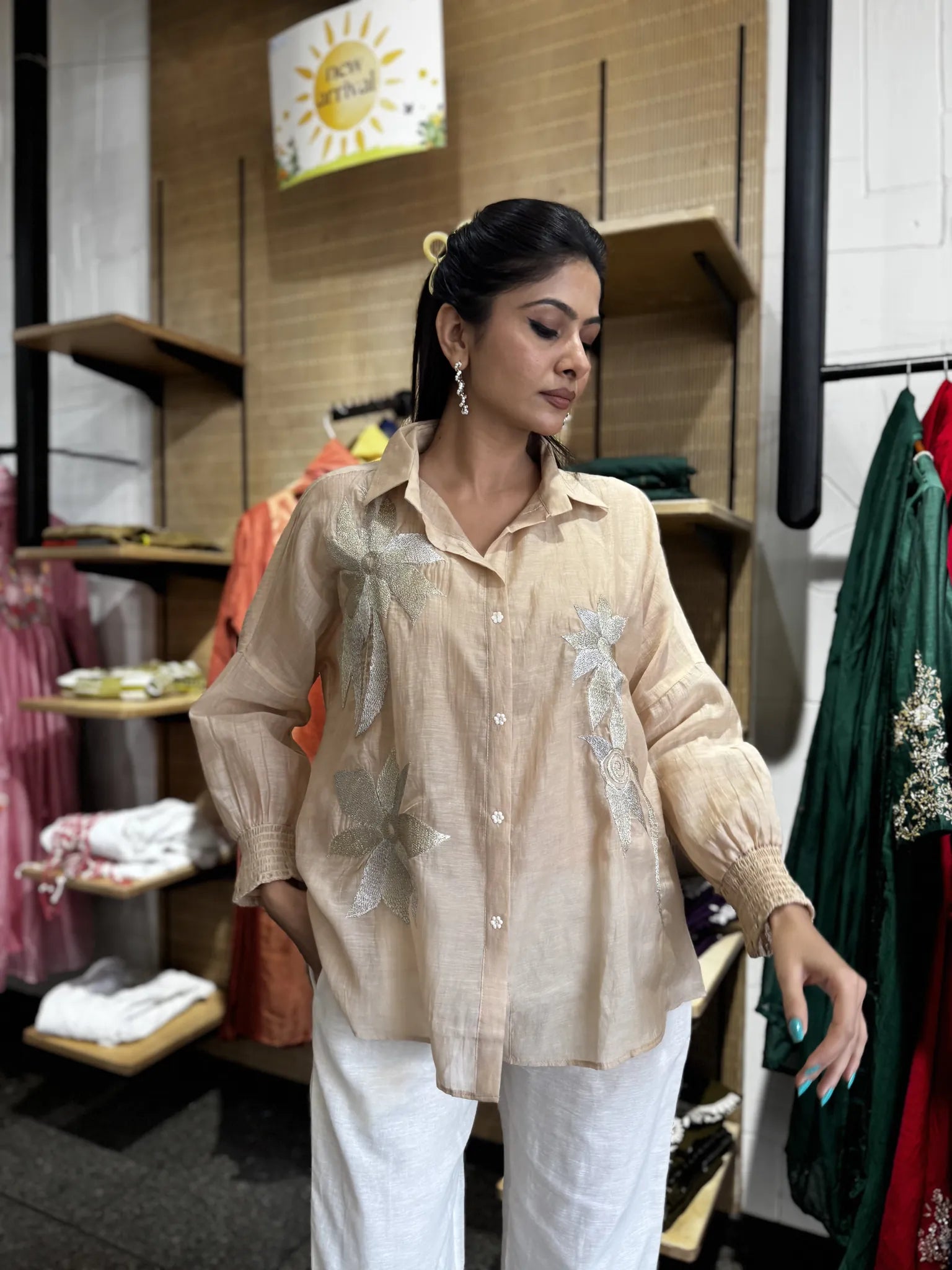 Cream Mul Chanderi Short Kurta Co-ord Set