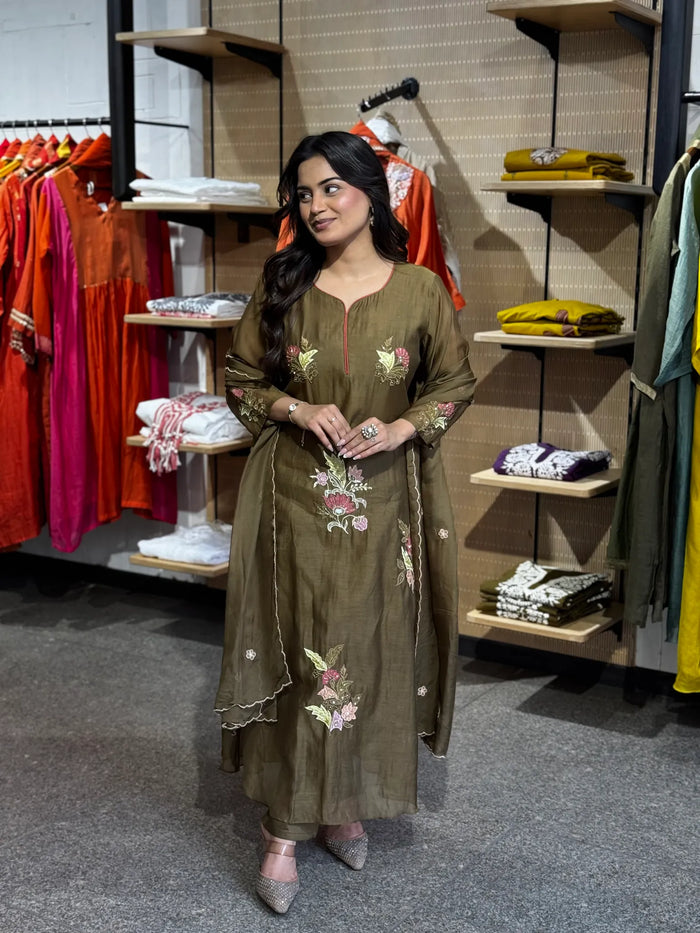 Dusty Green Mul Chanderi A-Line Kurta Pant Set with Dupatta