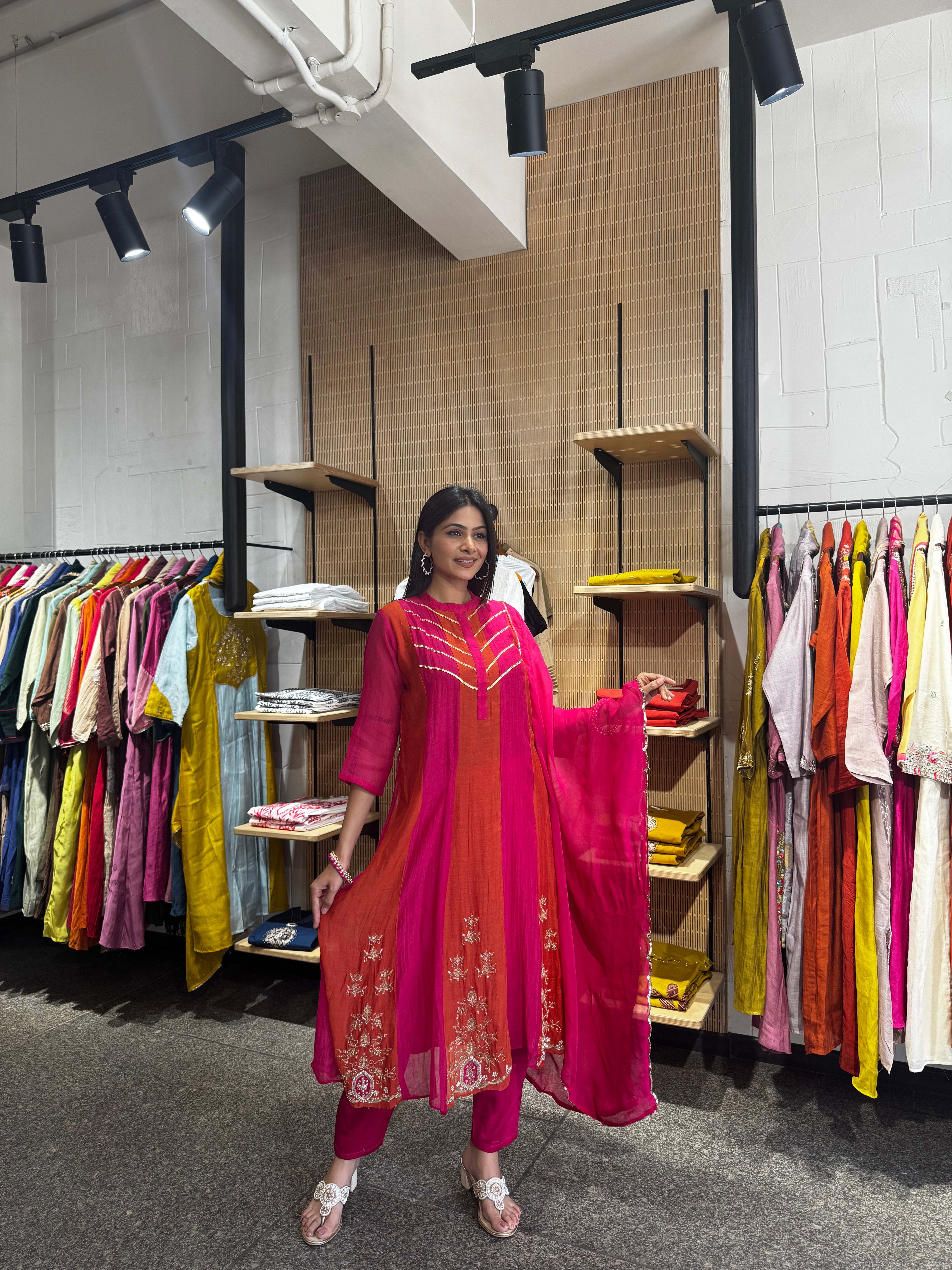 Orange Rani Mul Chanderi Kurta Set for Women | Ethonique