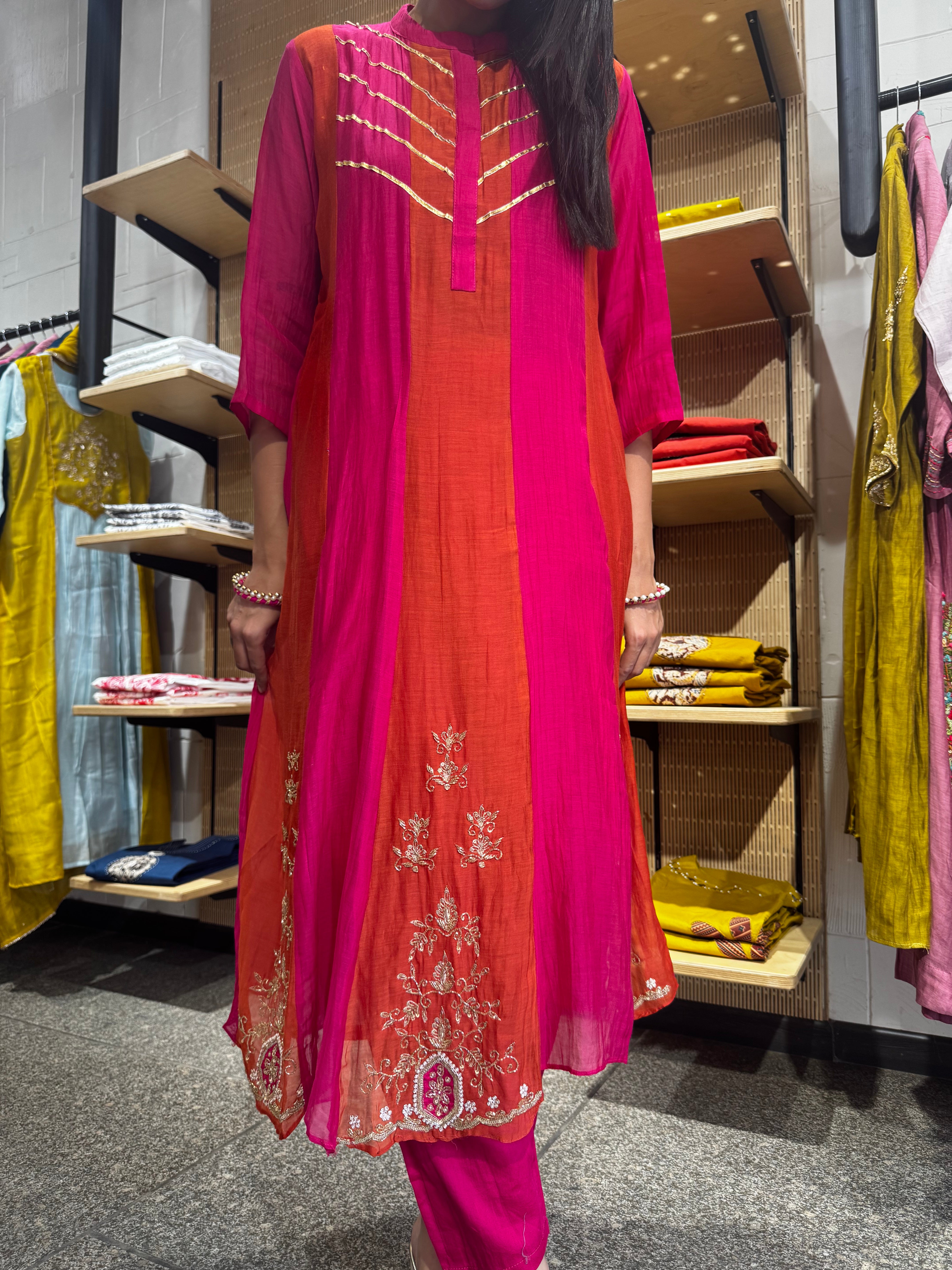 Front styling and fit view of orange rani kurta set — Orange Rani Kurta Set