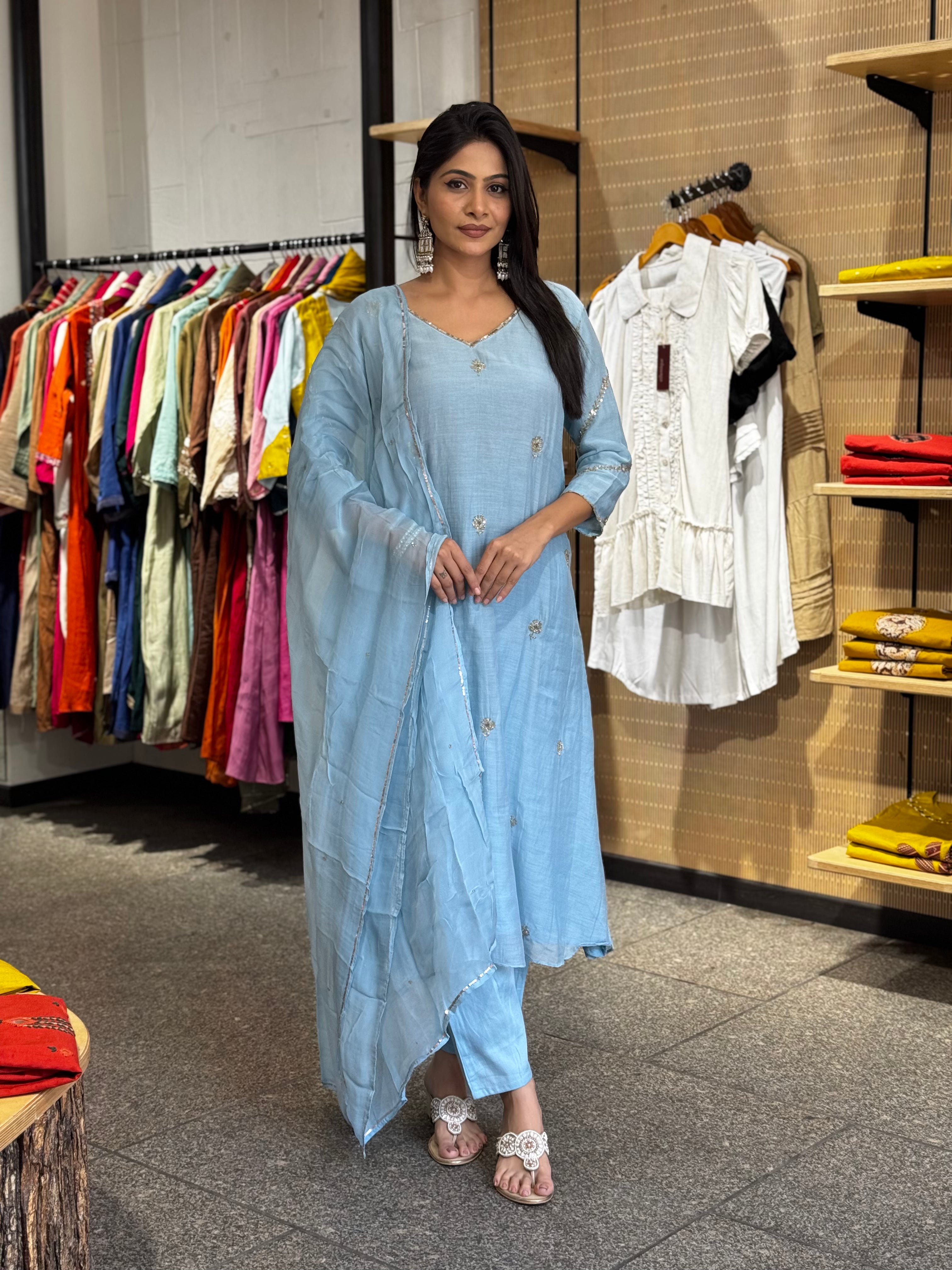 Front styling and fit view of sky blue kurta set — Sky Blue Kurta Set
