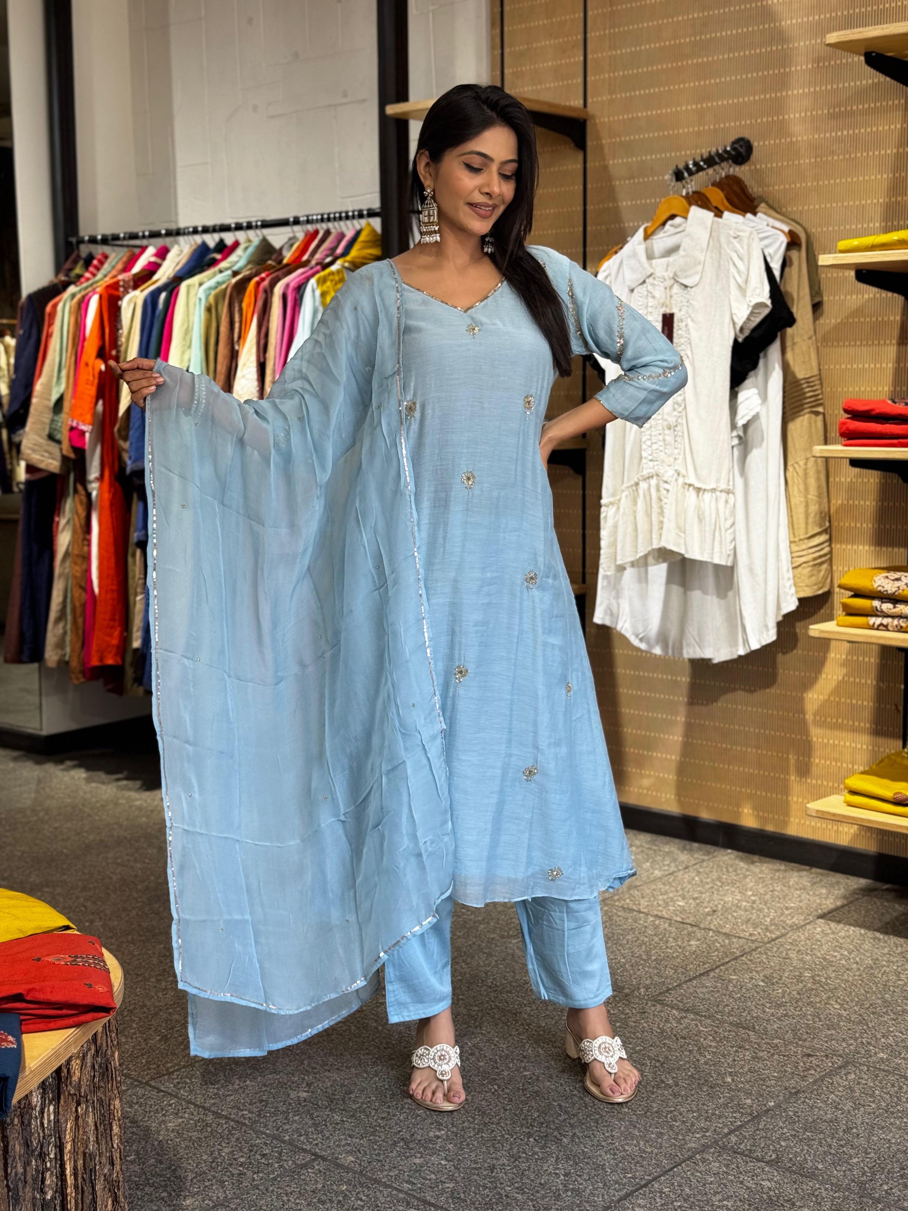 Sky Blue Mul Chanderi Kurta Set for Women | Ethonique