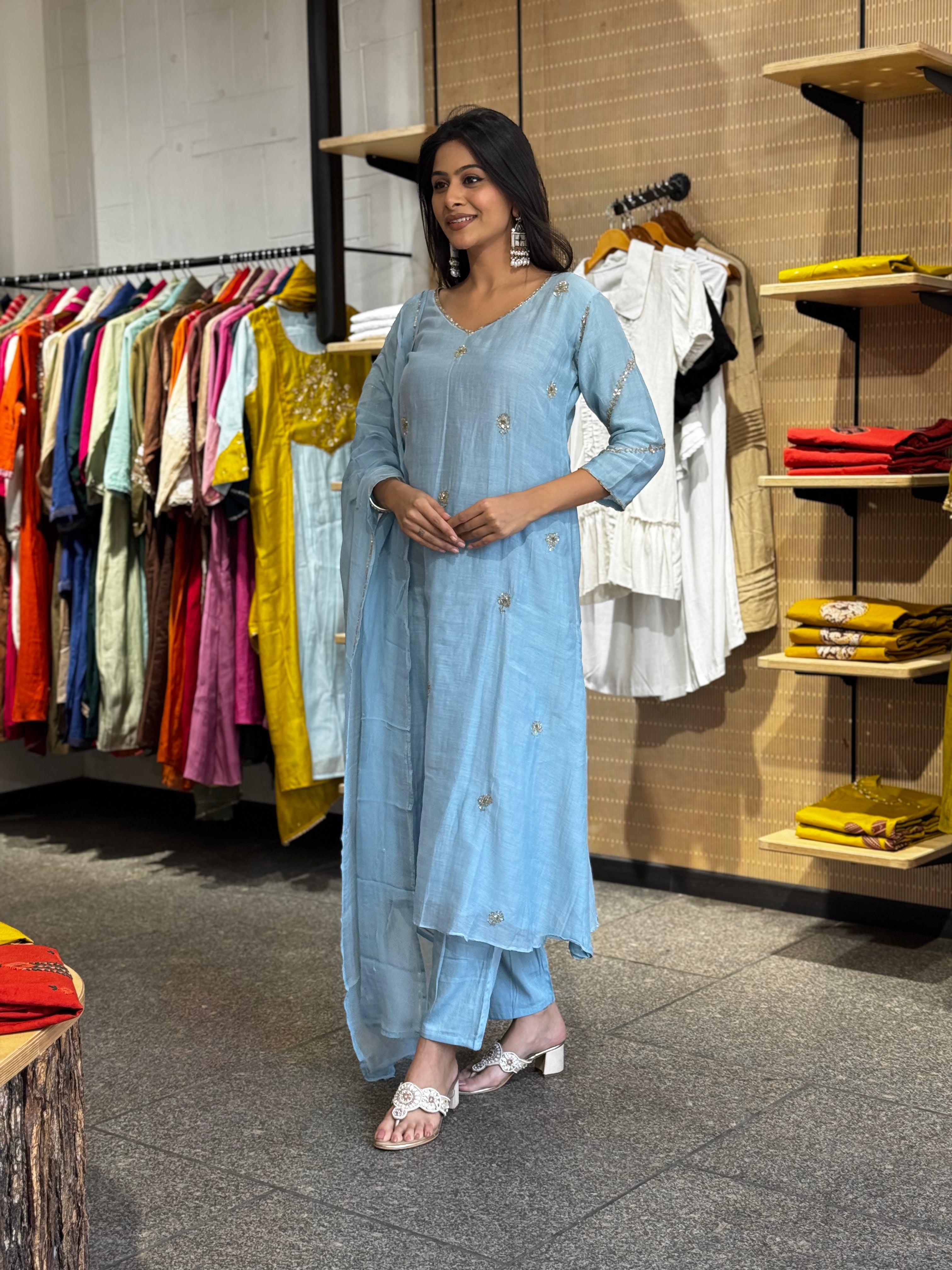 Close detail of mul chanderi fabric and finish — Sky Blue Kurta Set