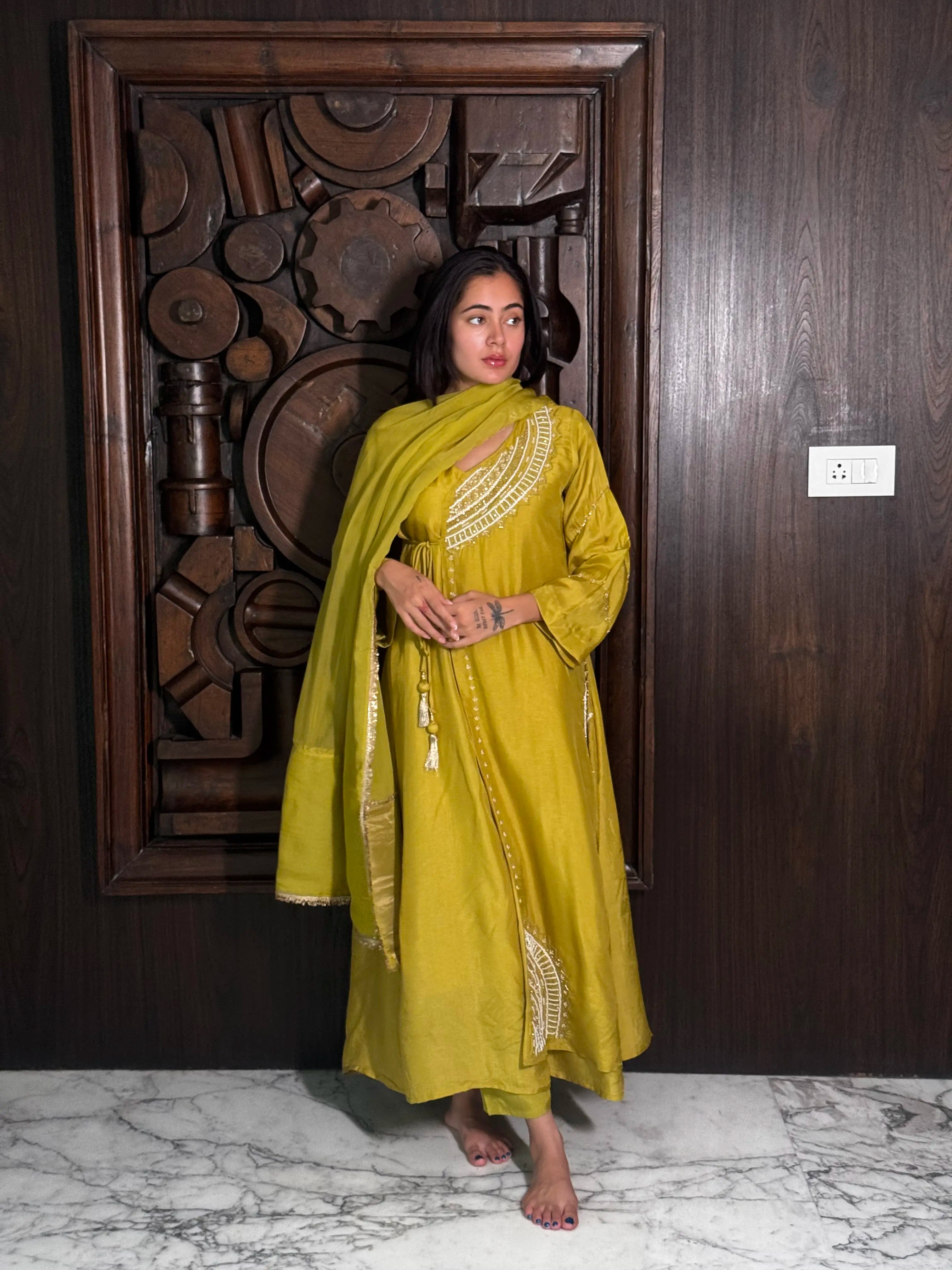 Mustard Russian Silk Kurta Set for Women | Ethonique