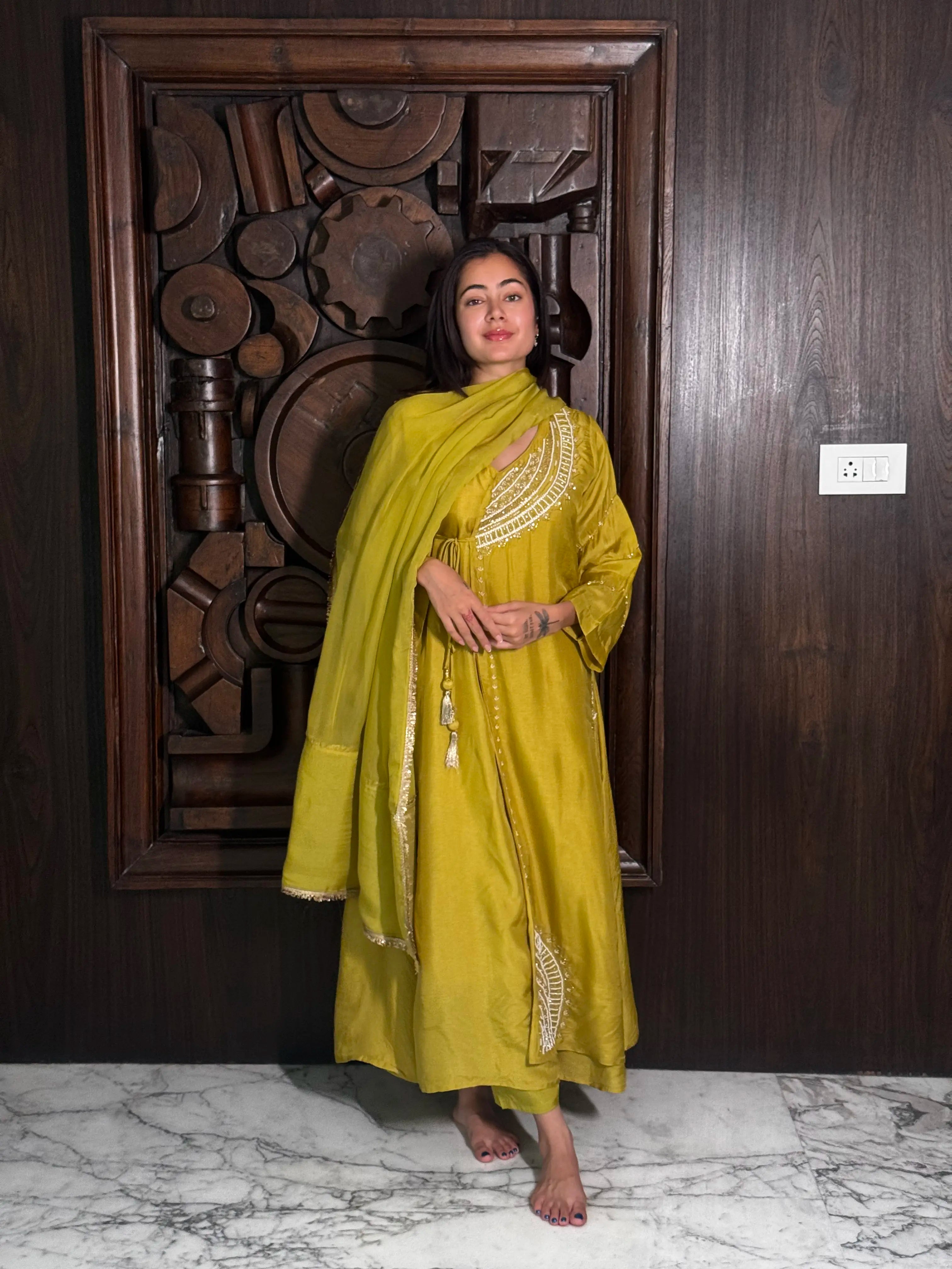 Close detail of russian silk fabric and finish — Mustard Kurta Set