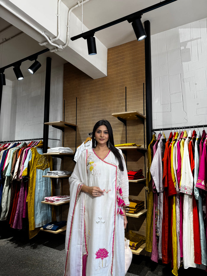 White Mul Chanderi Kediya Kurta Set for Women