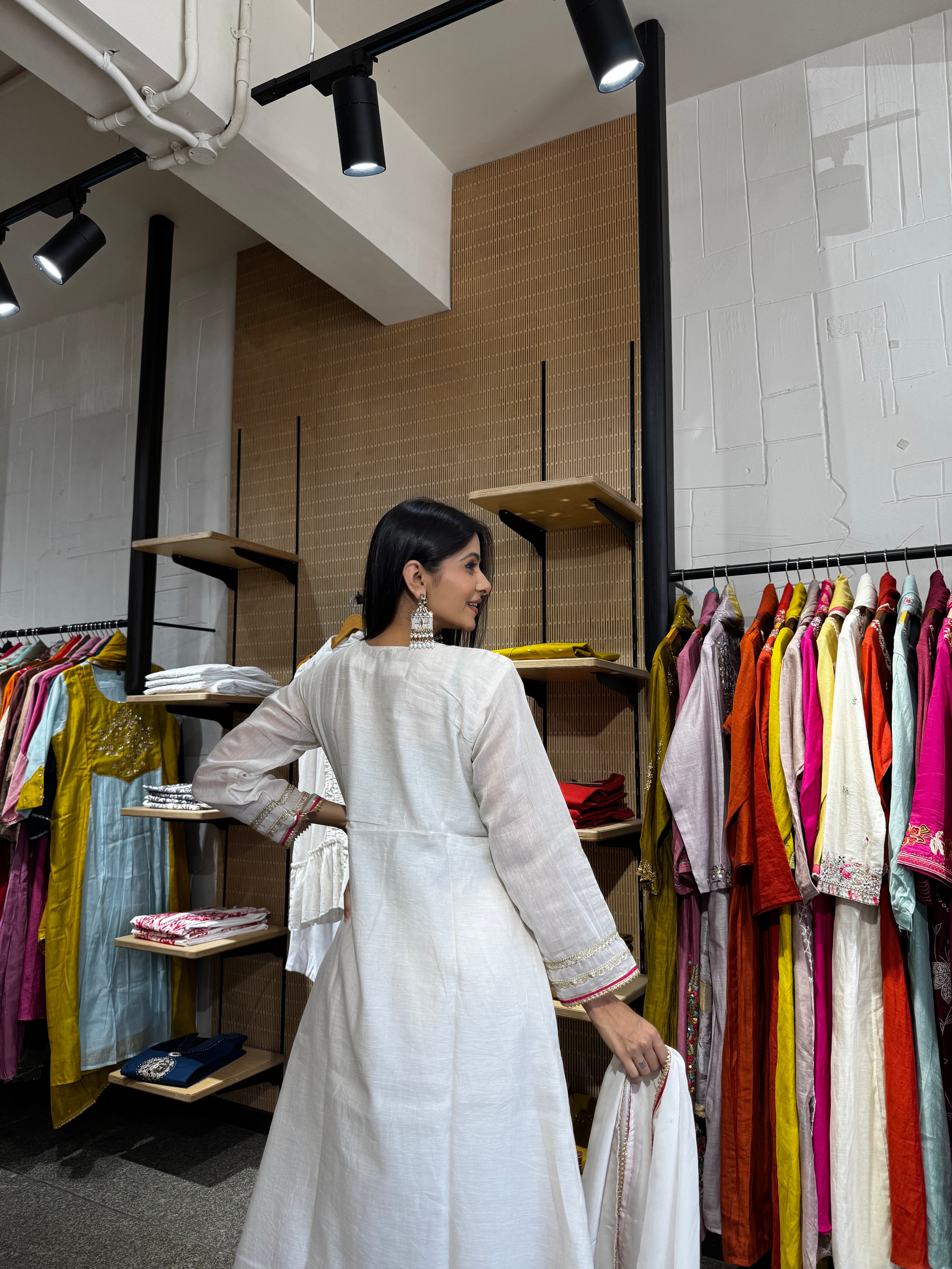 Close detail of mul chanderi fabric and finish — White Kurta Set