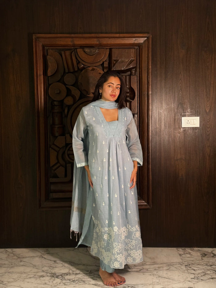 Pastel Blue Mul Chanderi A-Line Kurta Set for Women