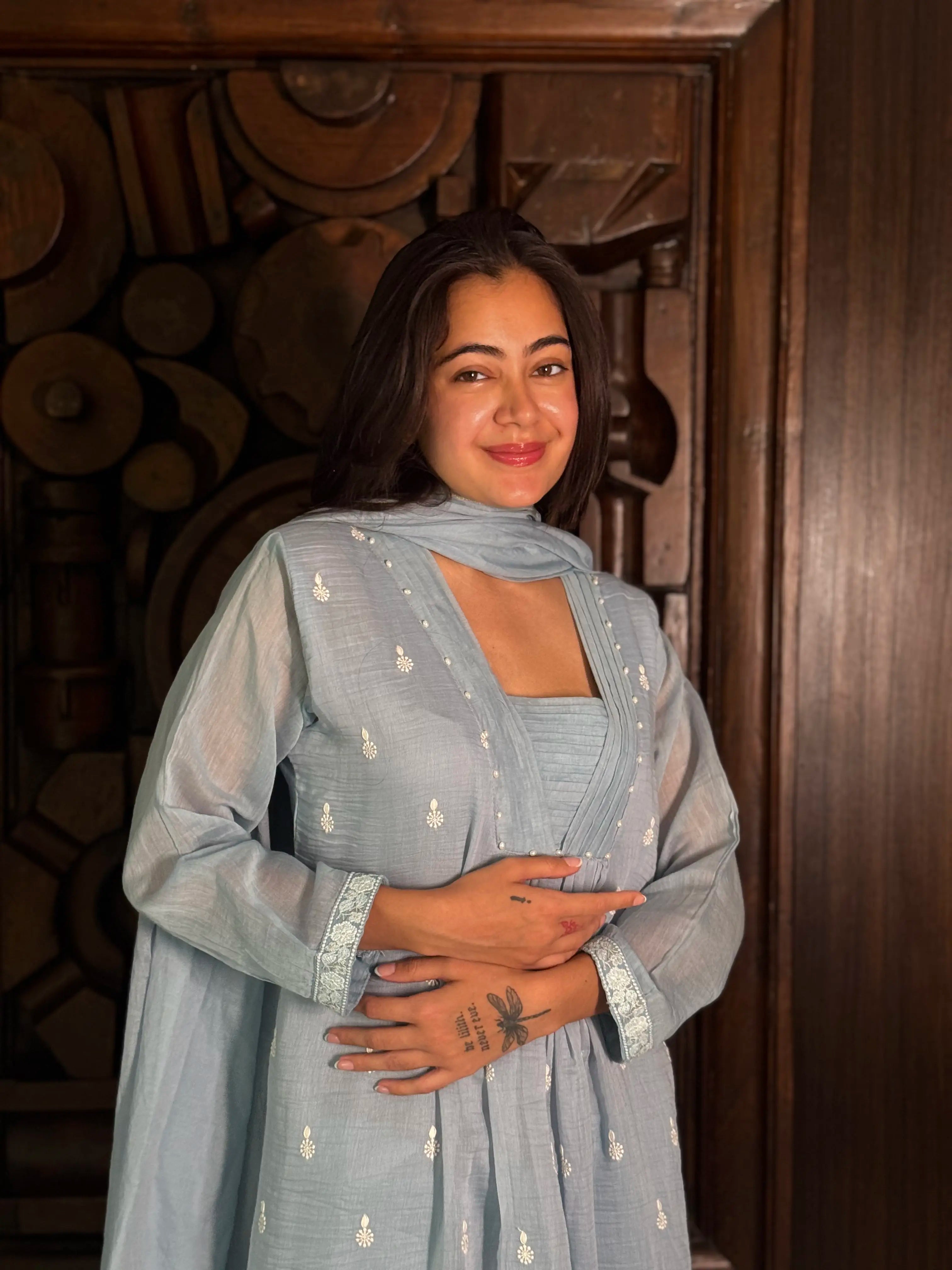 Close detail of mul chanderi fabric and finish — Pastel Blue Kurta Set