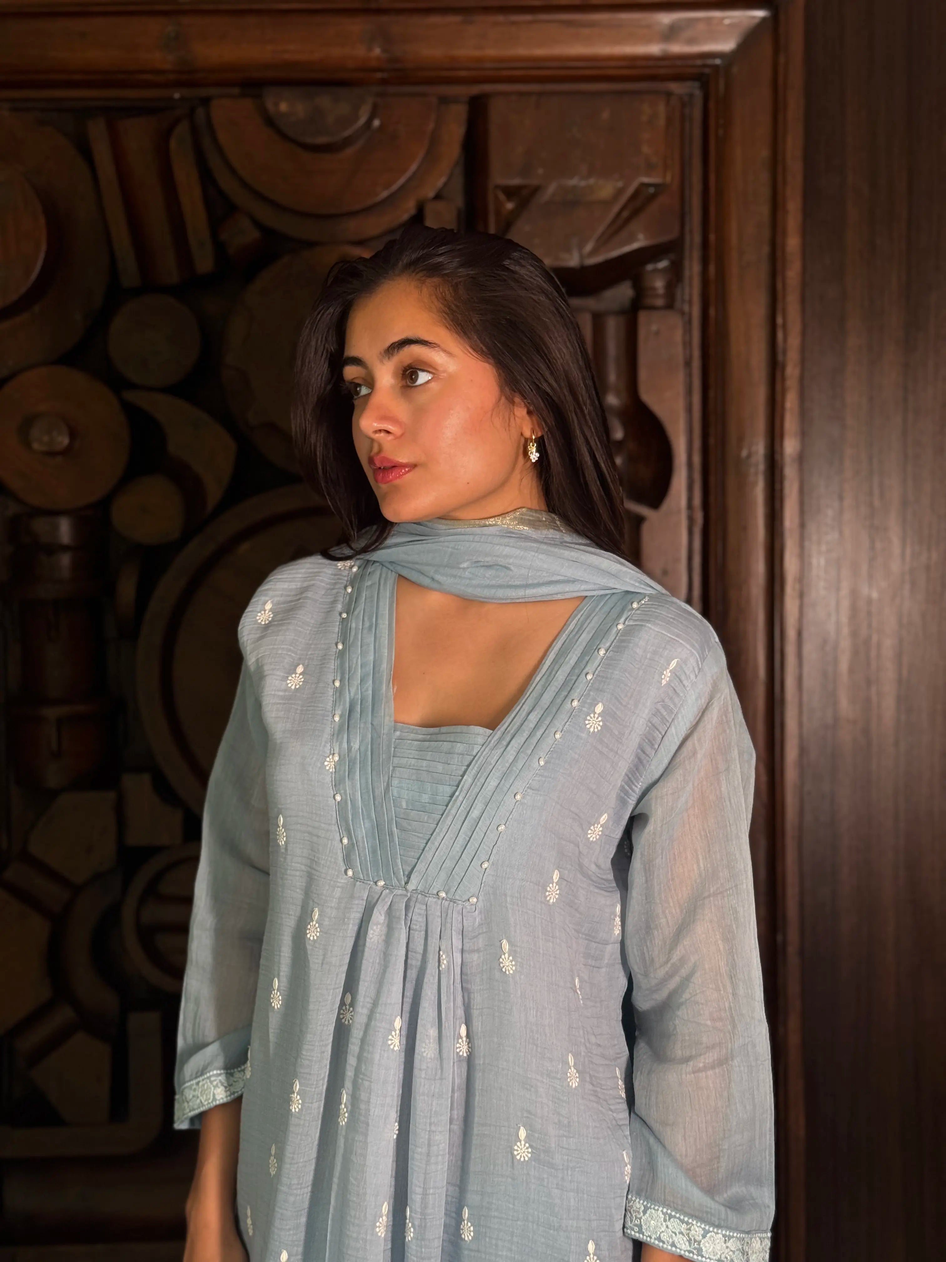 Front styling and fit view of pastel blue kurta set — Pastel Blue Kurta Set