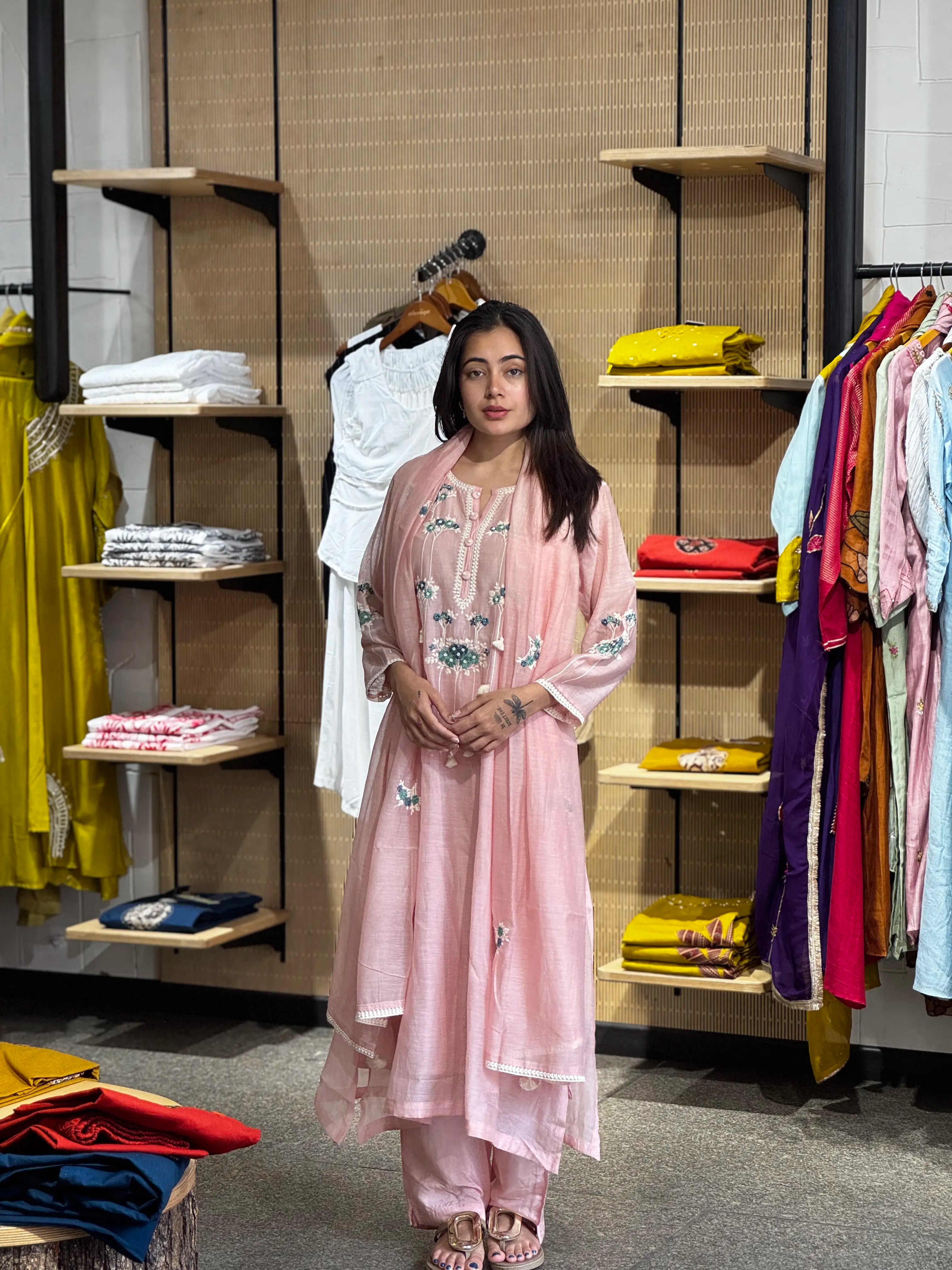 Baby Pink Mul Chanderi Kurta Set for Women | Ethonique