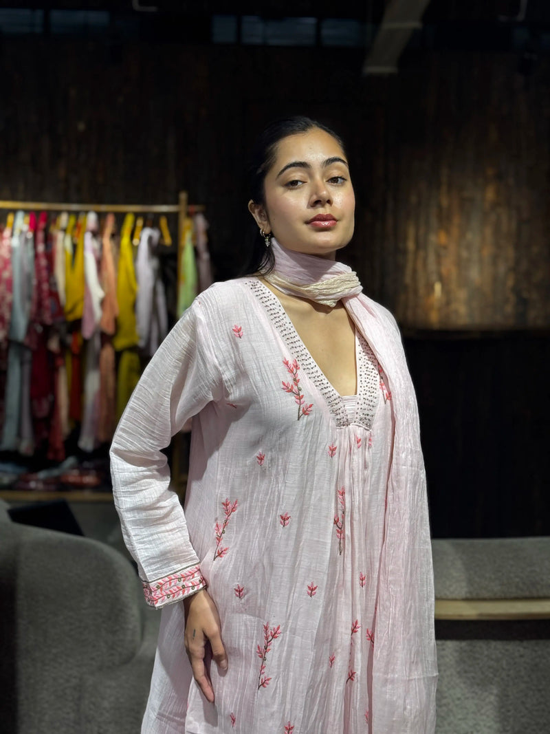 Baby Pink Mul Chanderi A-Line Kurta Set ETH-3833 for Women