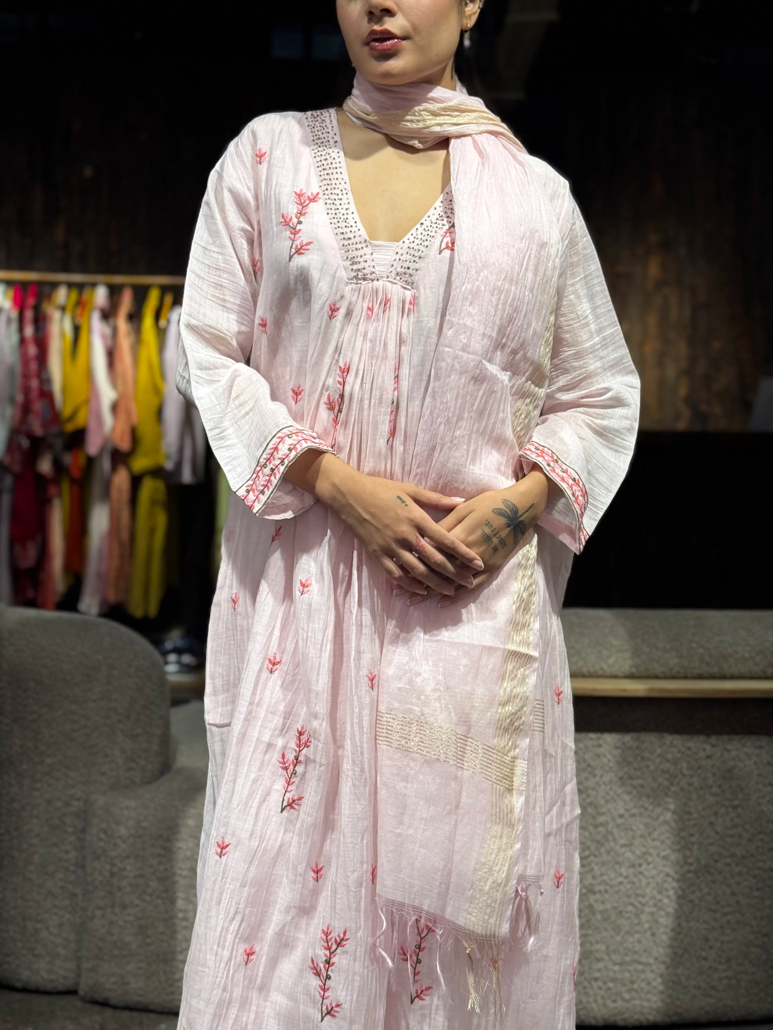 Front styling and fit view of baby pink kurta set — Baby Pink Kurta Set ETH-3833