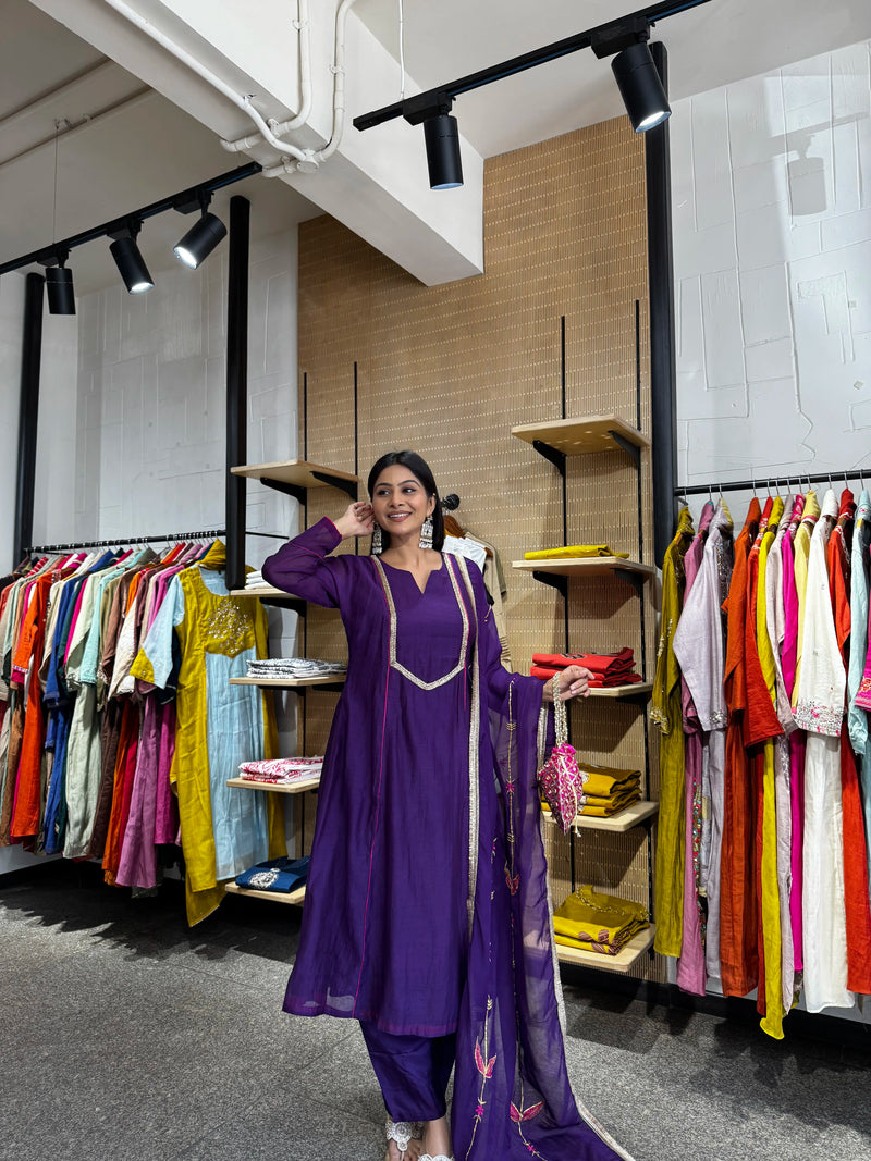 Violet Mul Chanderi A-Line Kurta Set for Women