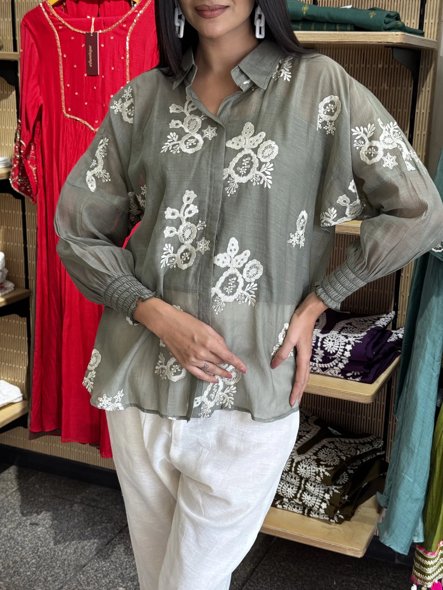 Grey Mul Chanderi Short Kurta Co-ord Set for Women