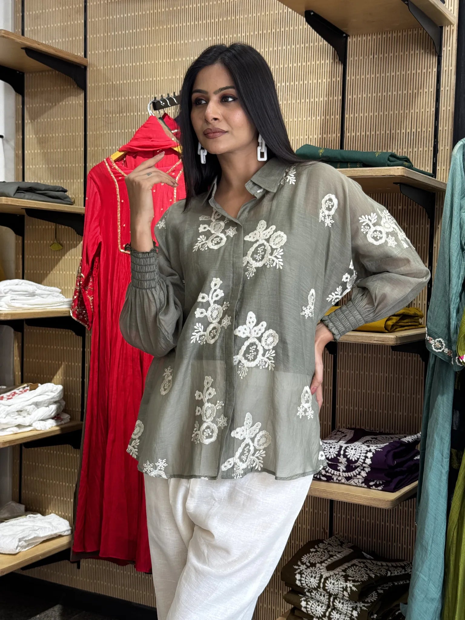 Grey Mul Chanderi Short Kurta Co-ord Set for Women