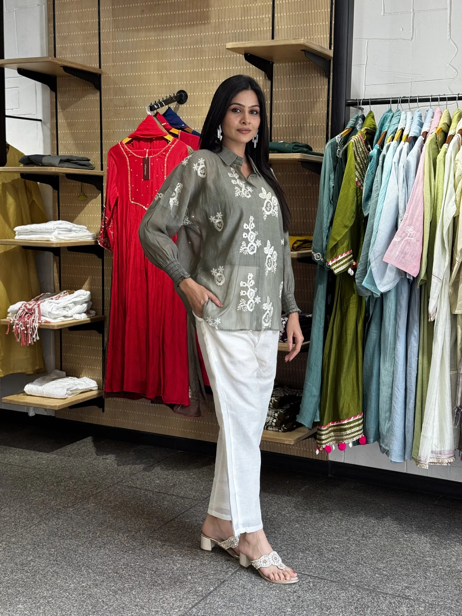 Grey Mul Chanderi Short Kurta Co-ord Set for Women