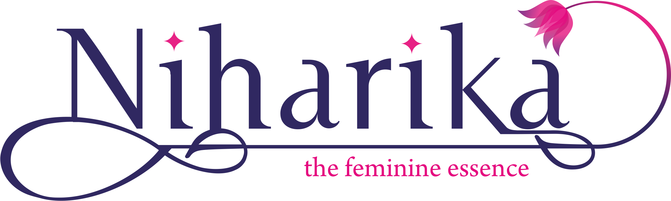 Logo of Niharika with a pink flower and tagline 'the feminine essence' on a white background