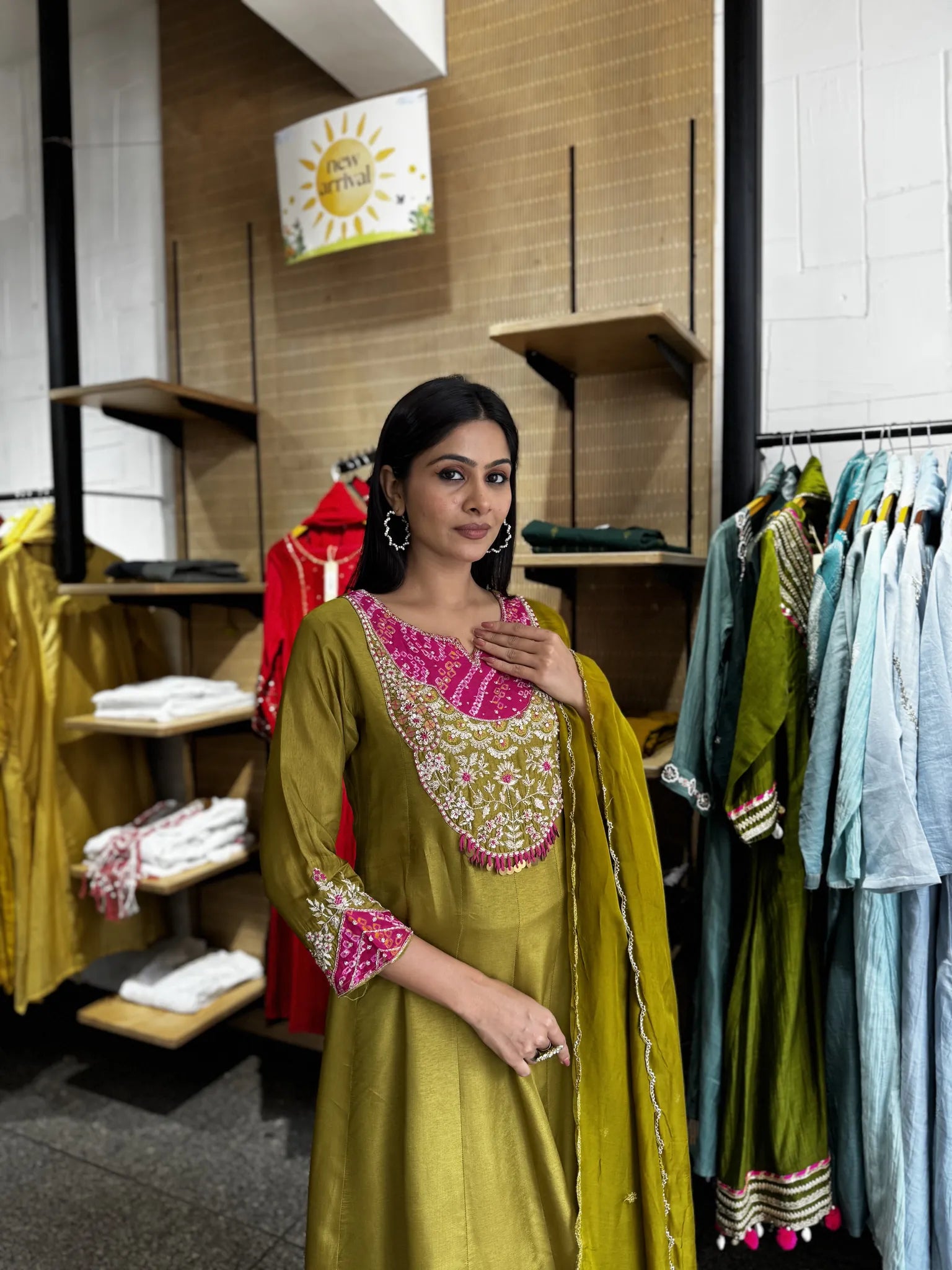 Mehendi & Mustard Russian Silk A-Line Kurta Set for Women