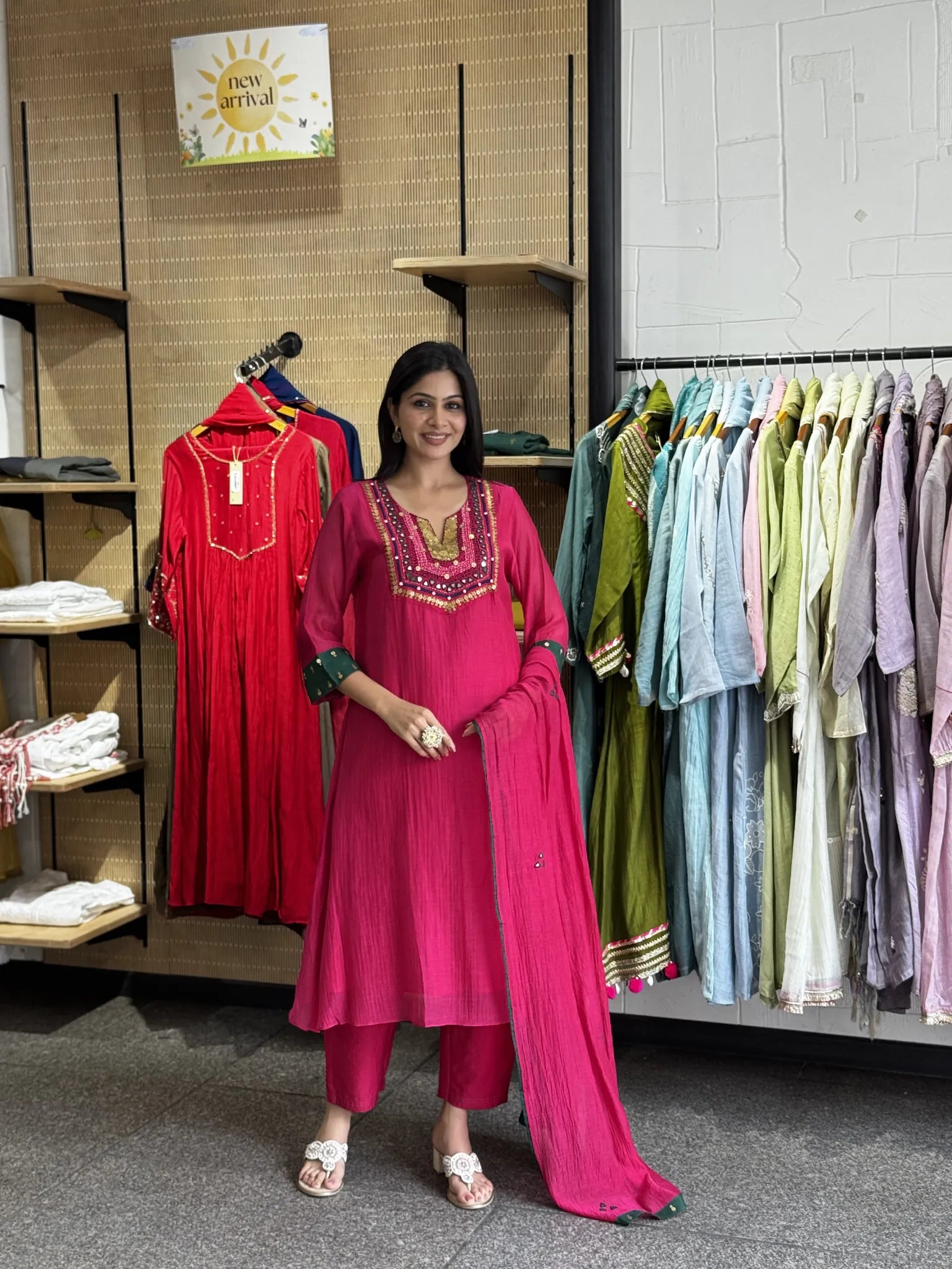 Mul Chanderi A-Line Kurta Pant Set with Dupatta