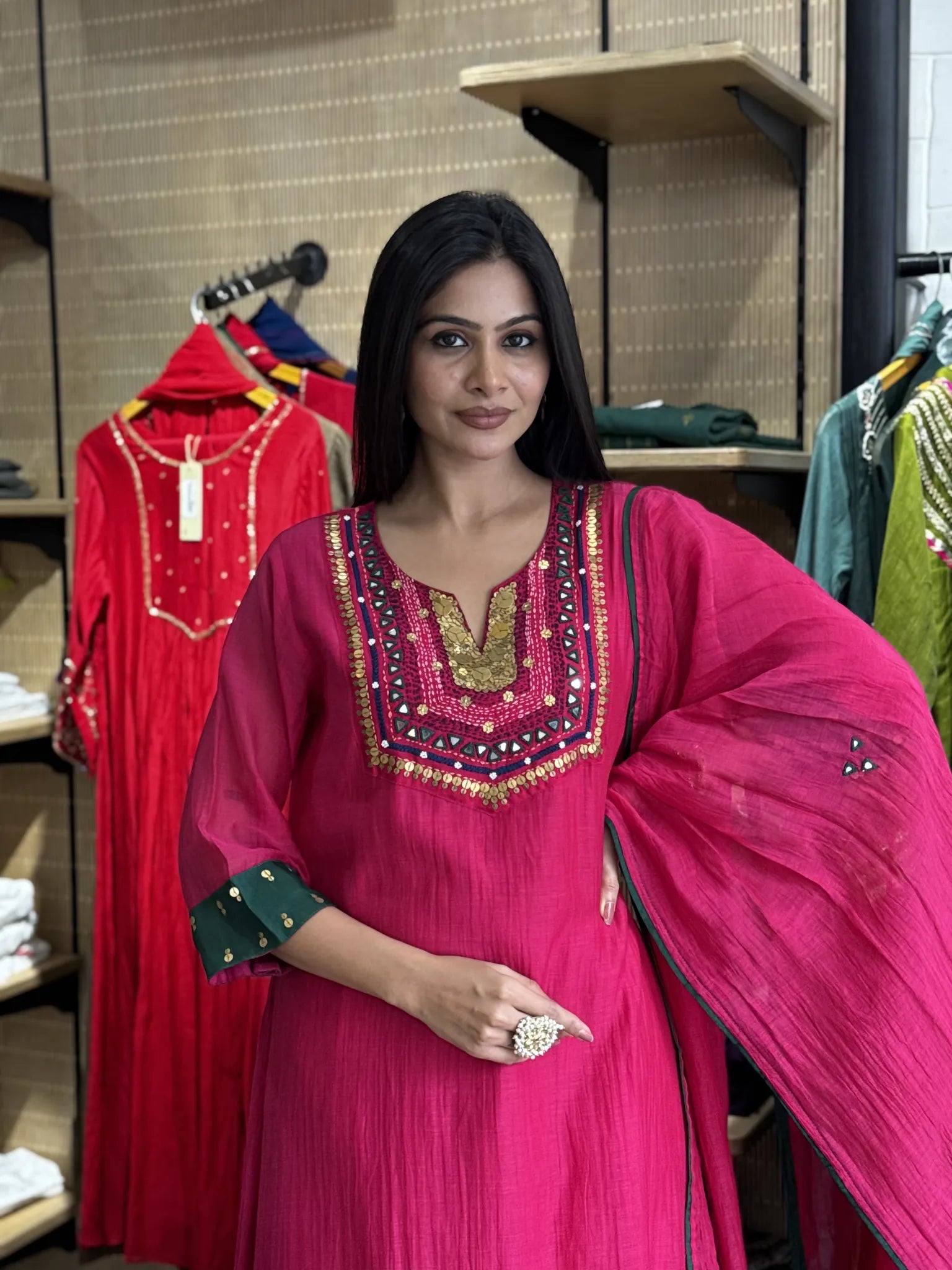 Mul Chanderi A-Line Kurta Pant Set with Dupatta