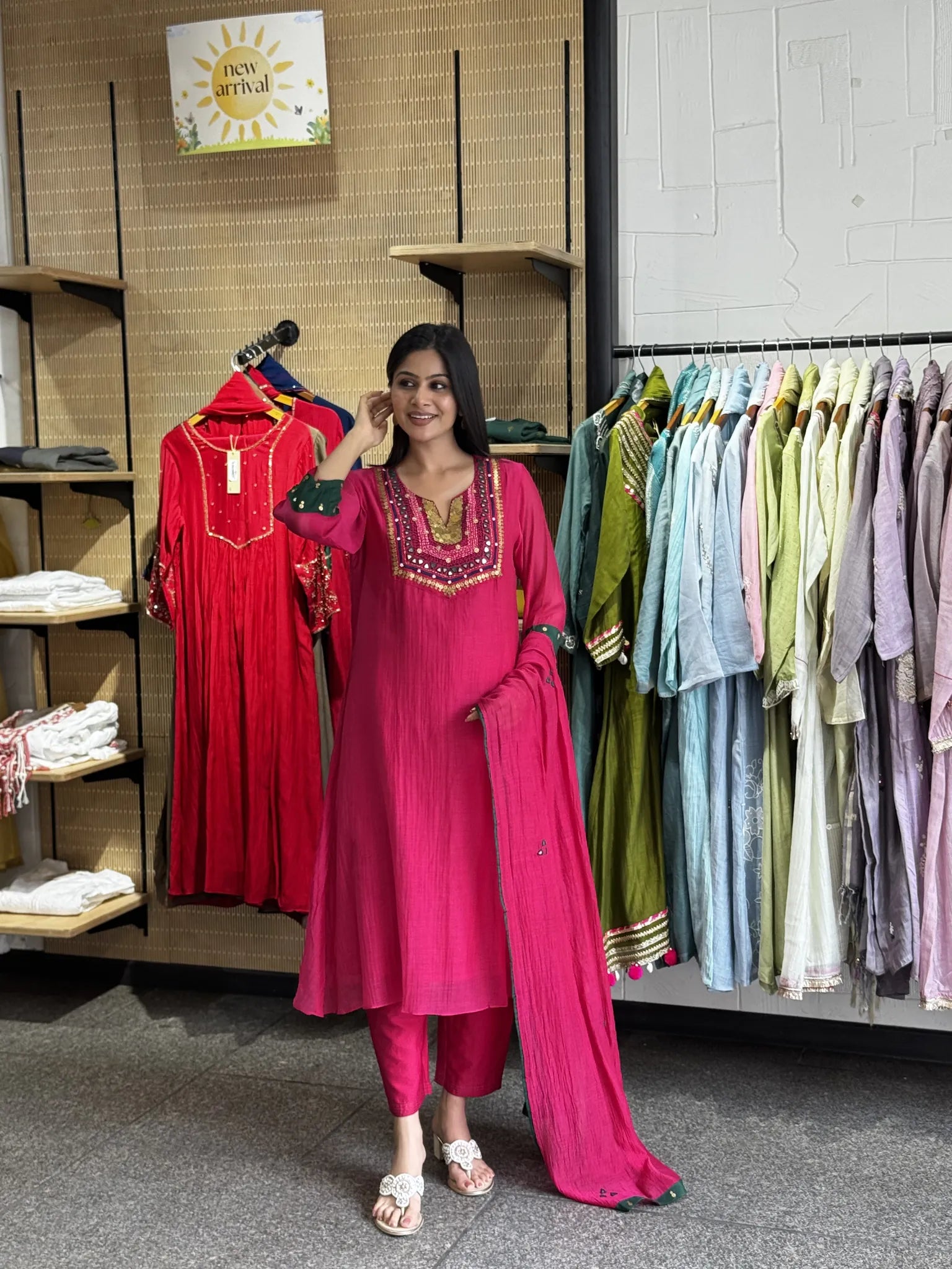 Mul Chanderi A-Line Kurta Pant Set with Dupatta