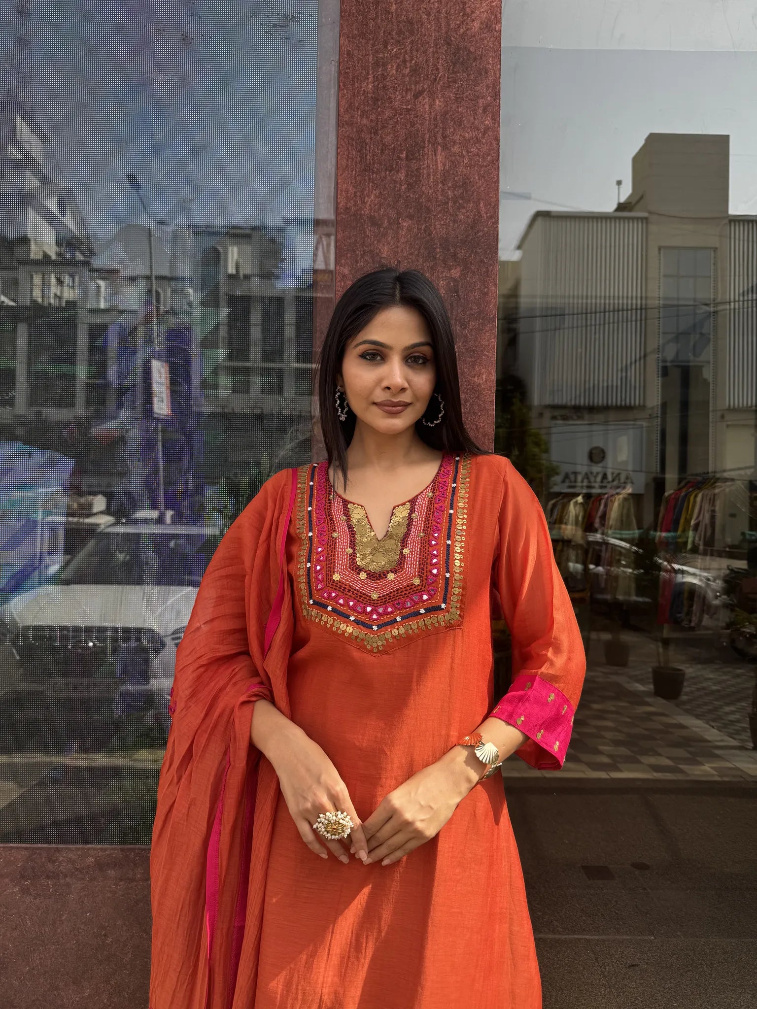 Mul Chanderi A-Line Kurta Pant Set with Dupatta