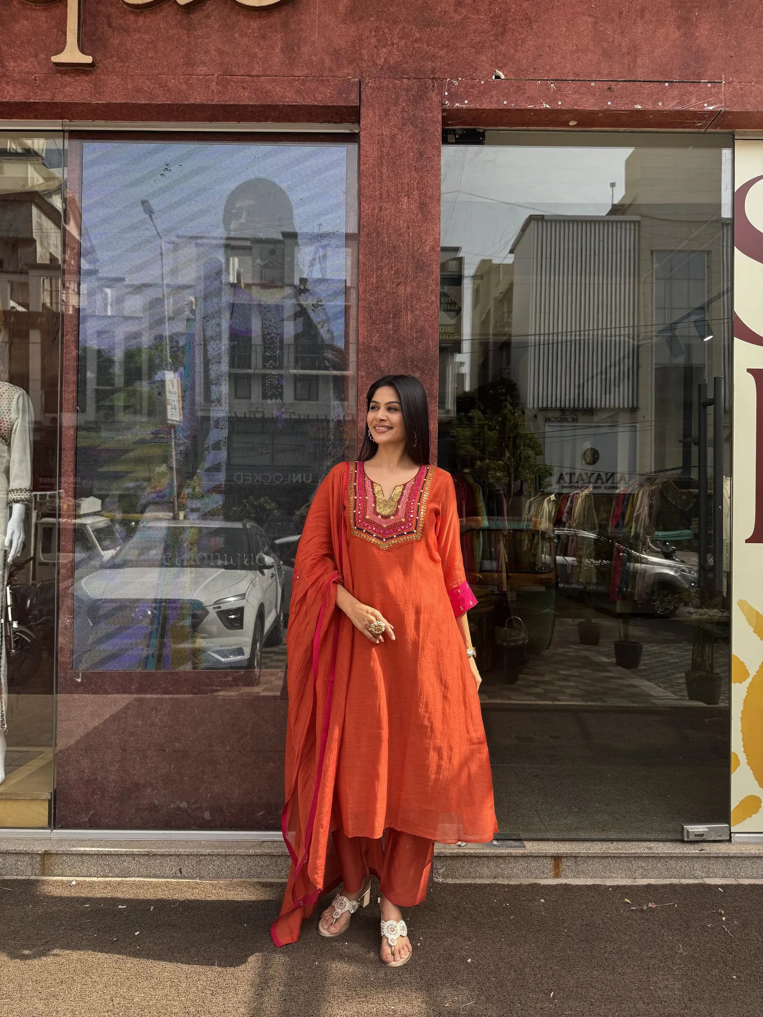 Mul Chanderi A-Line Kurta Pant Set with Dupatta