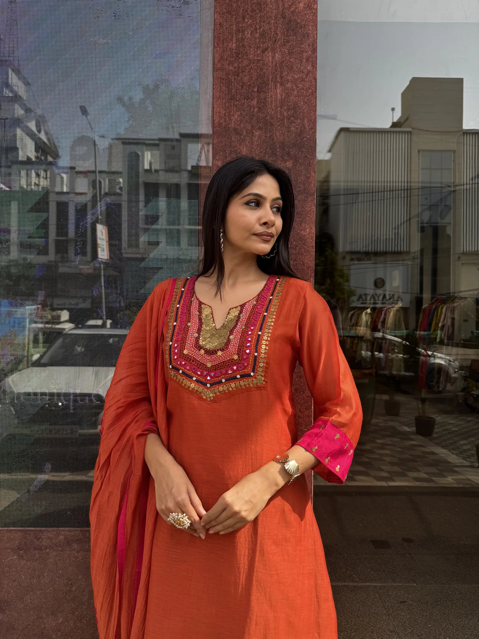 Mul Chanderi A-Line Kurta Pant Set with Dupatta