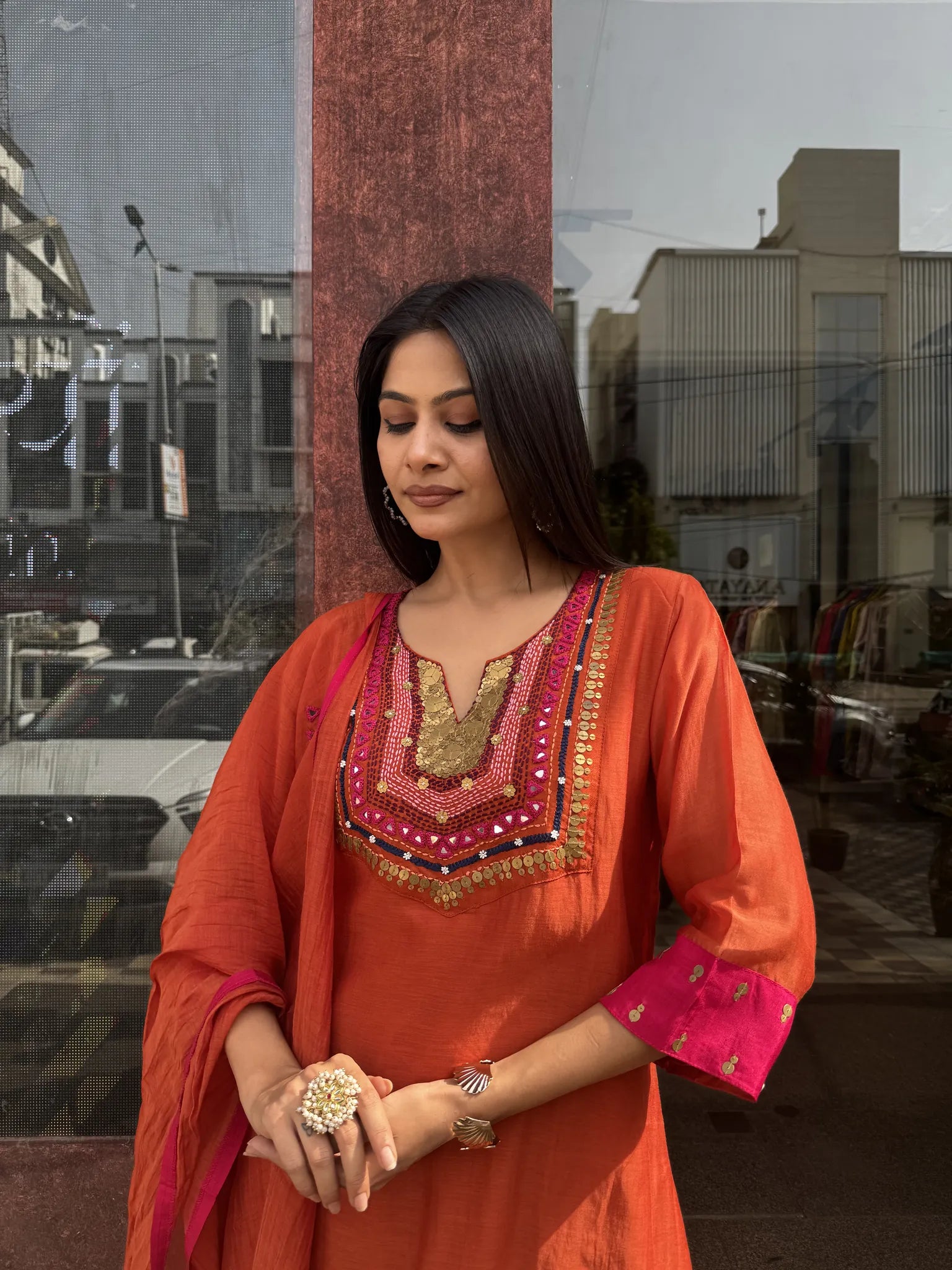Mul Chanderi A-Line Kurta Pant Set with Dupatta