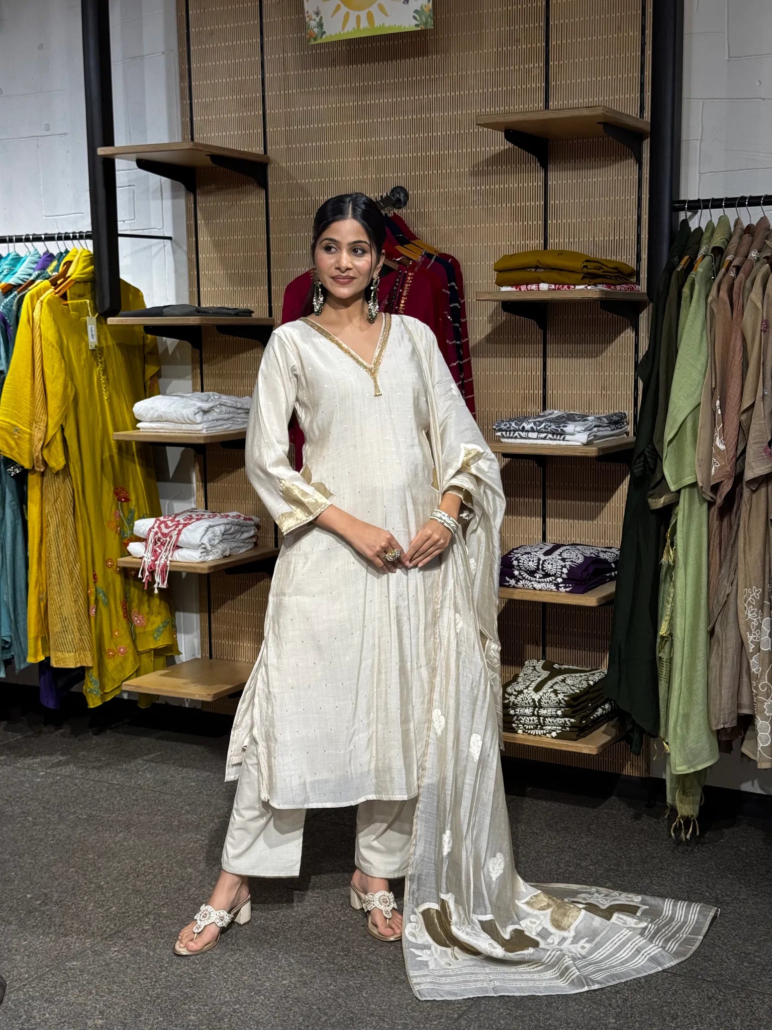 A woman modeling an off white mul chanderi A-line kurta pant set with a matching dupatta, standing inside a clothing boutique.