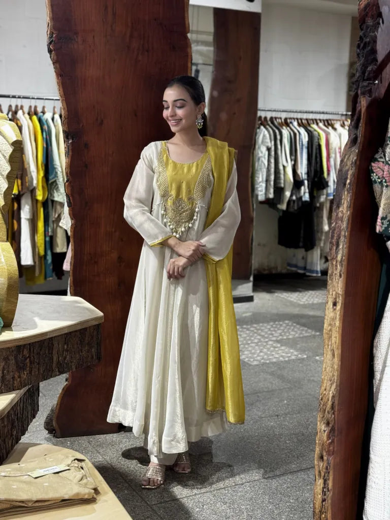 Off White Tissue A-Line Kurta Pant Set with Dupatta