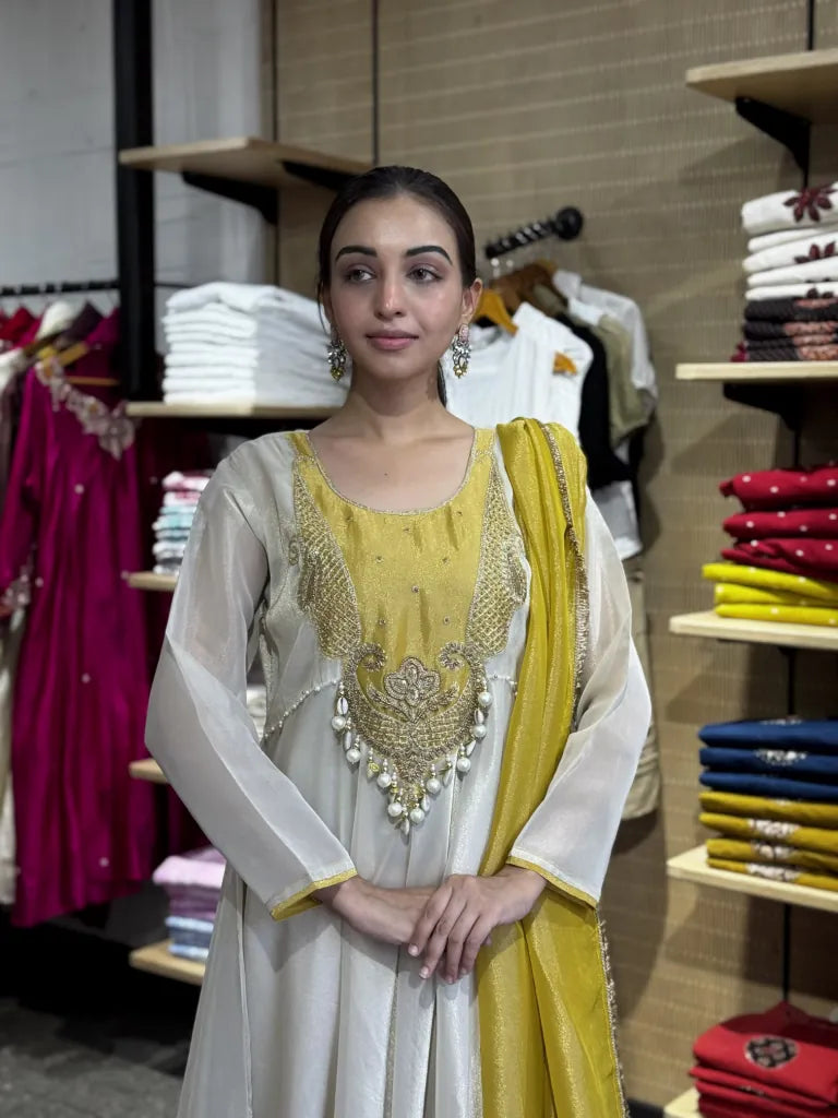 Off White Tissue A-Line Kurta Pant Set with Dupatta